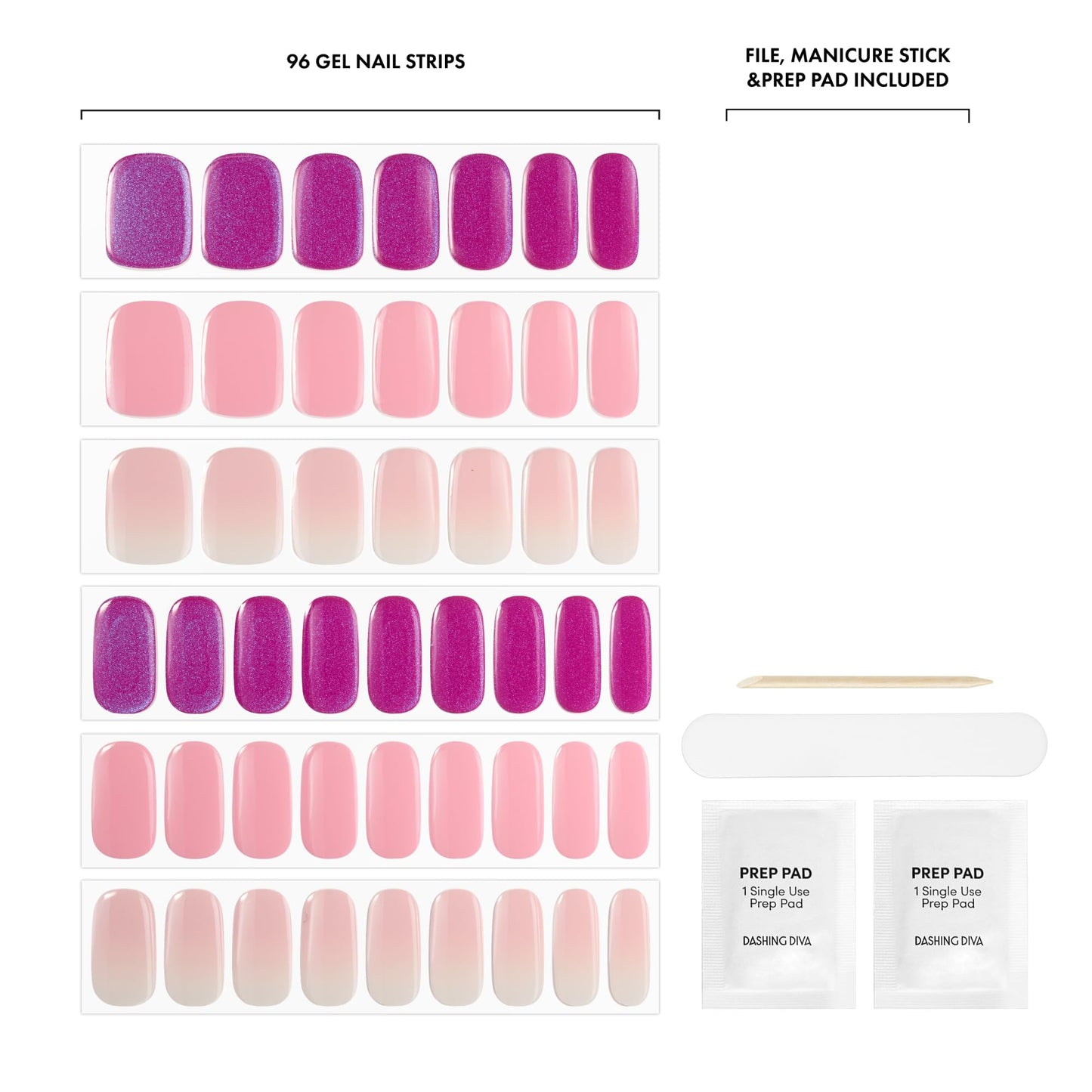Dashing Diva Glaze Nail Strip 3-in-1 Kit - Best of Pinks - Long Lasting, Chip Resistant, Semi-Cured Gel Nail Strips - Contains 96 strips, 3 prep pads, 3 manicure sticks, 1 nail file