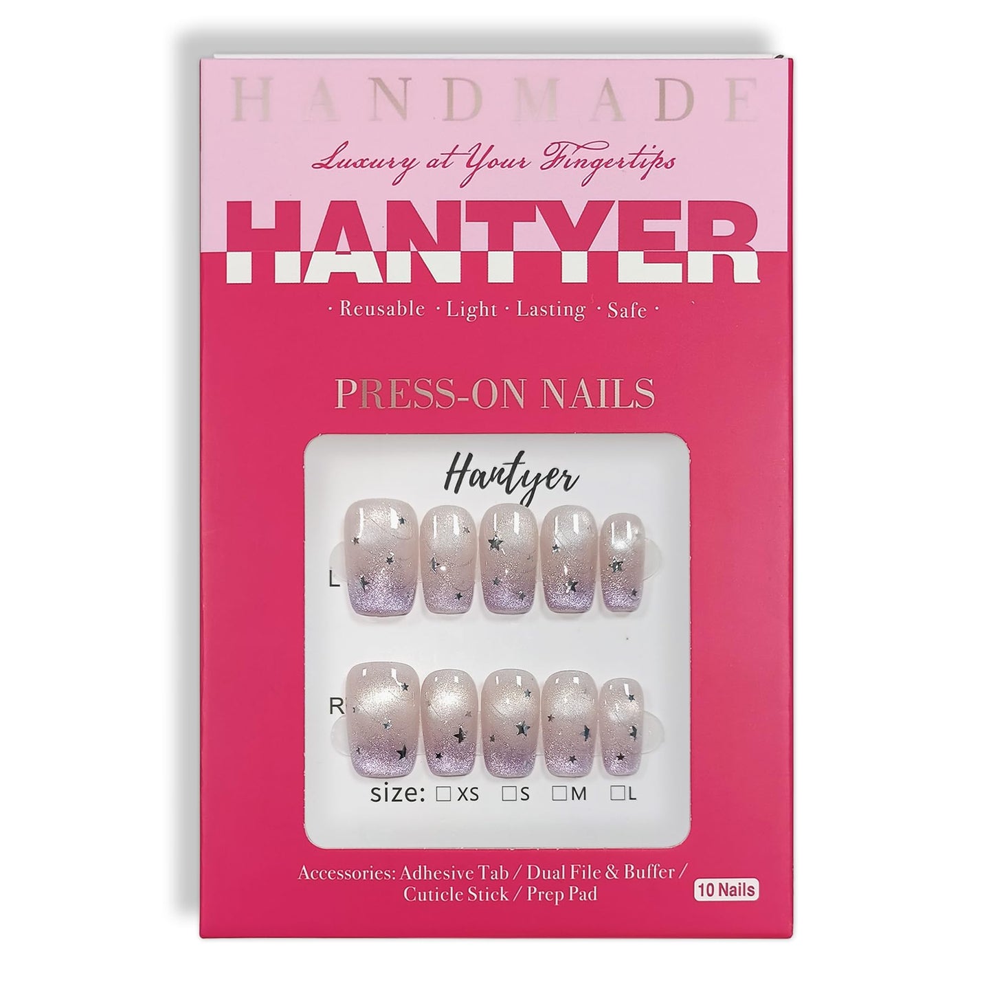 Hantyer 10pcs Press on Nails, Medium Coffin Glossy Fake Nails, Lavender Cat Eye French Tips with Silver Stars, Reusable False Nails for Women, Sweet Galaxy Nails for Party (Size M) ﻿