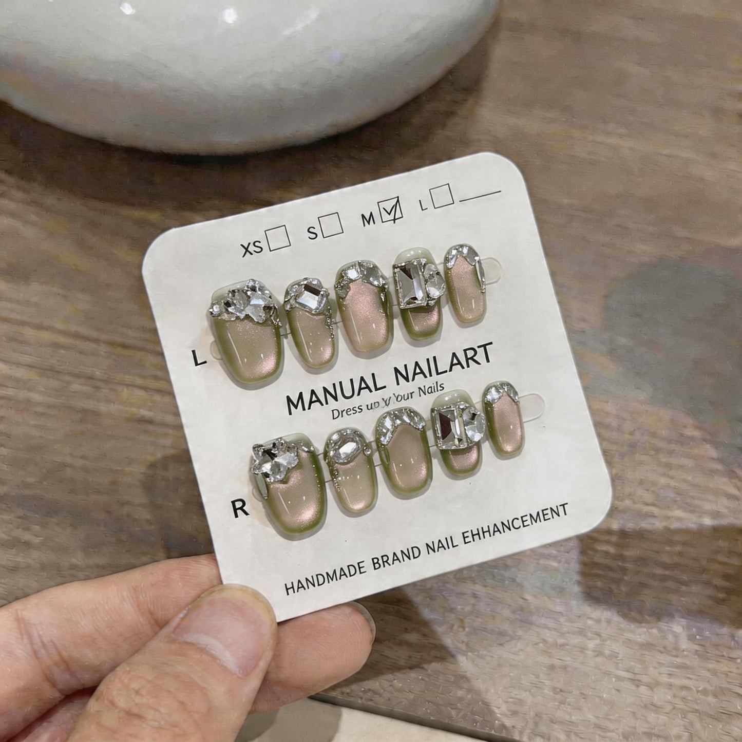 DANNEASY 10PCS Handmade Press on Nails Medium Short Almond - 3D Rhinestone Fake Nails Cute Cat Eye Press ons for Women Artificial Acrylic Nails Press On