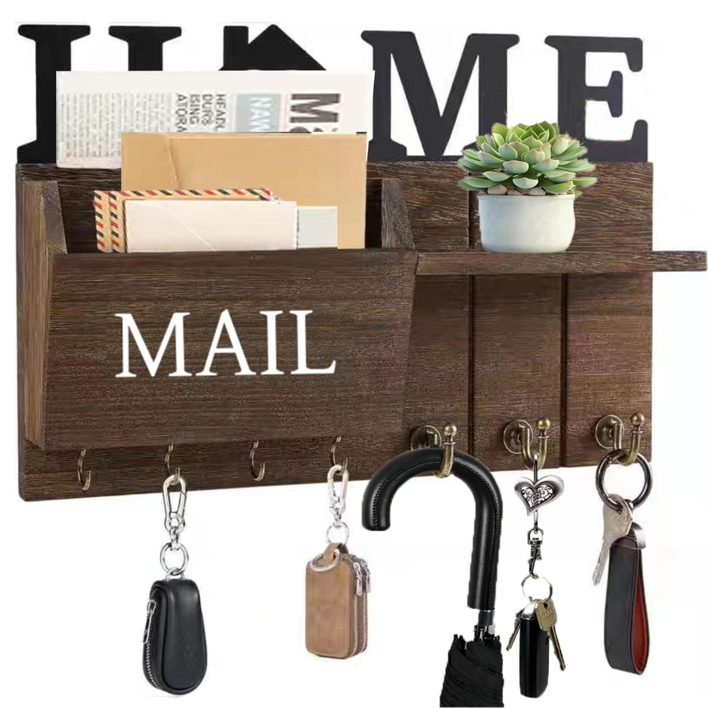 DearyHome Rustic Wall Key Holder with Shelf & Hooks - Mail Organizer for Entryway | Wooden Key Rack for Keys, Coats, Dog Leash - Brown