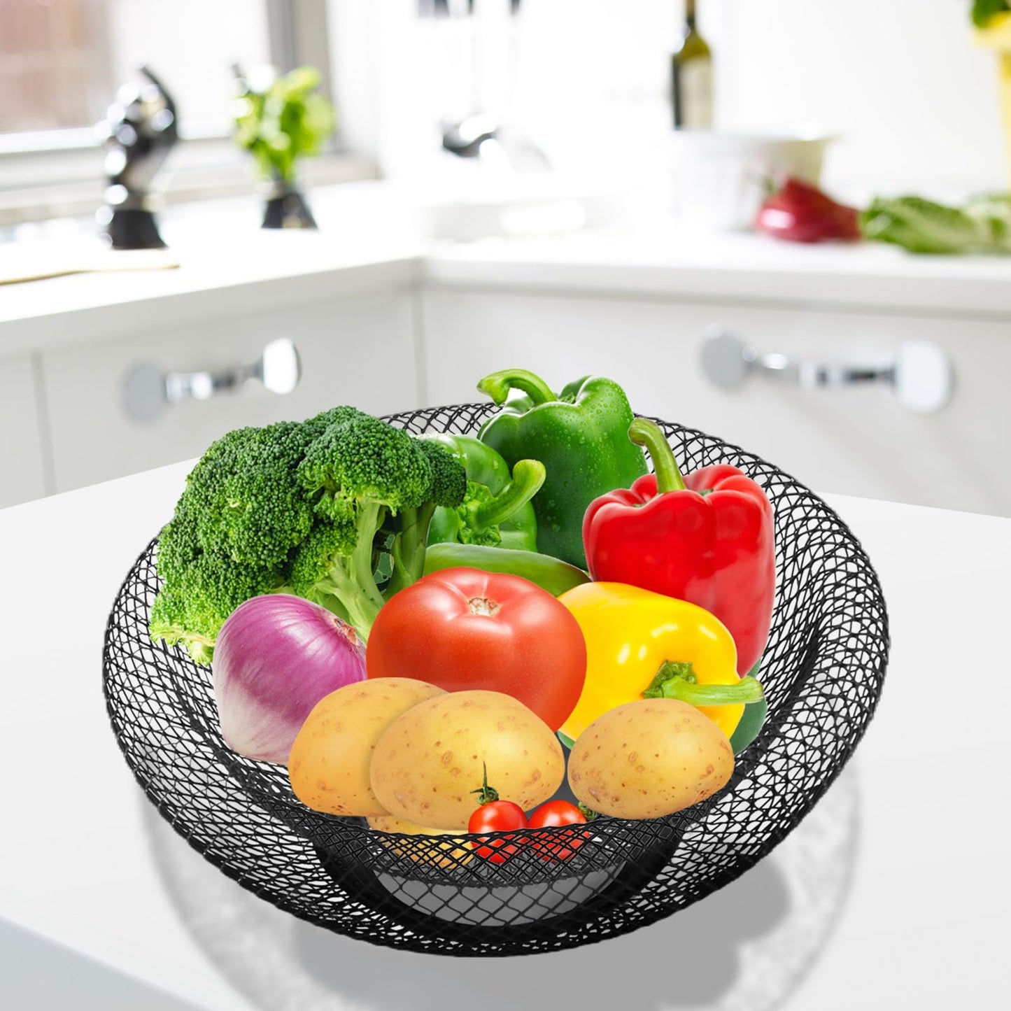 ZIVONA Black Fruit Basket for Kitchen Counter - 9.8" Metal Mesh Fruit Bowl, Modern Decorative Centerpiece for Kitchen Island, 360° Airflow Keeps Produce Fresh, Versatile for Vegetables & Snacks