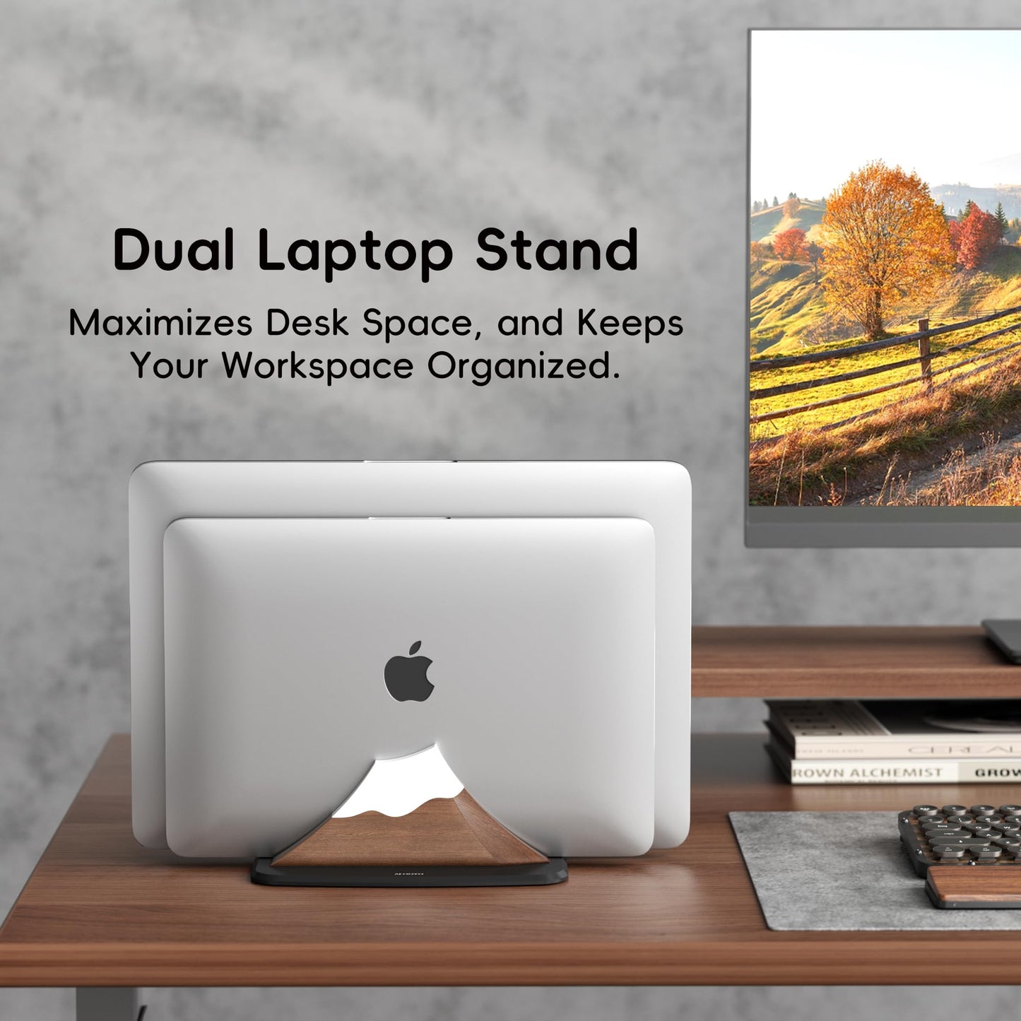 AFOOYO Vertical Dual Laptop Stand - Snow Peak-Shaped Walnut Adjustable Laptop Holder,2 Slots Desktop Dock Compatible with All MacBook, Surface,Chromebook,Dell & More(Walnut)