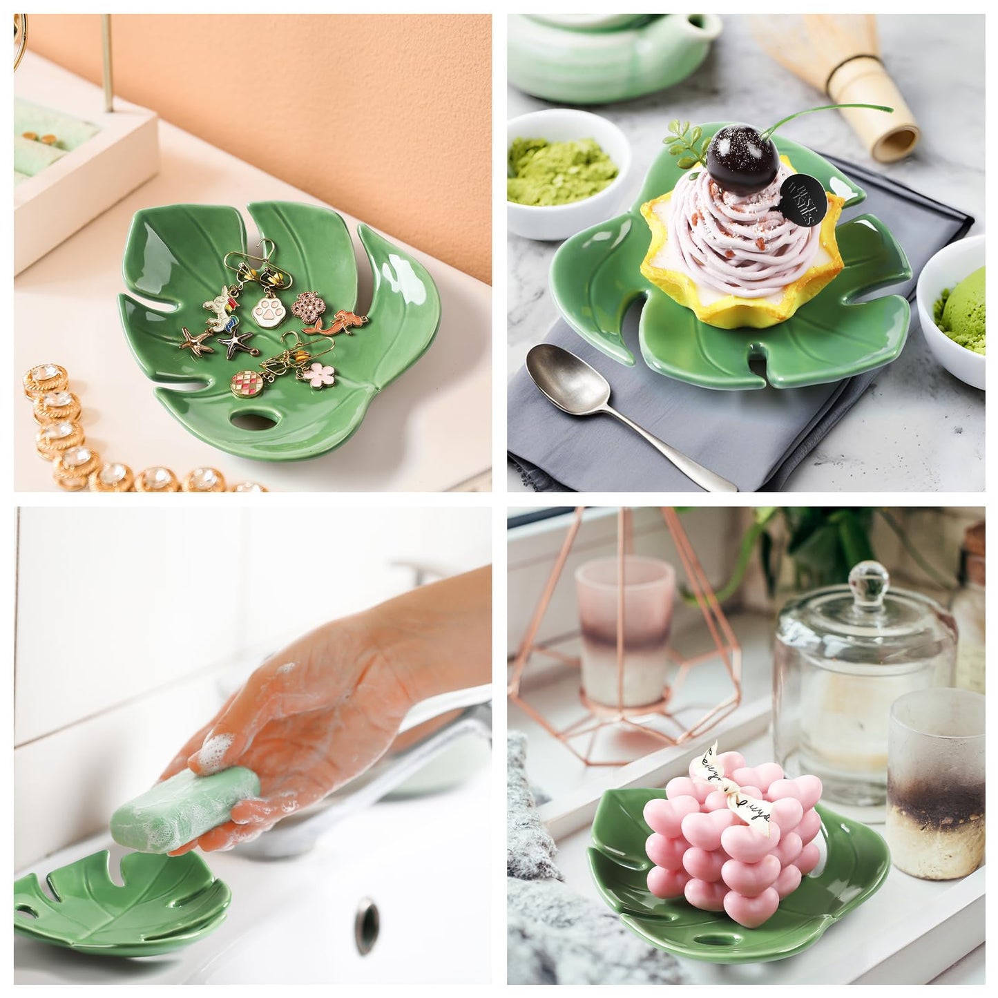 Honeydak Ceramic Spoon Rest for Kitchen Counter Monstera Leaf Shaped Tray Decorative Spoon Rest Tea Bag Dish Tea Light Holder