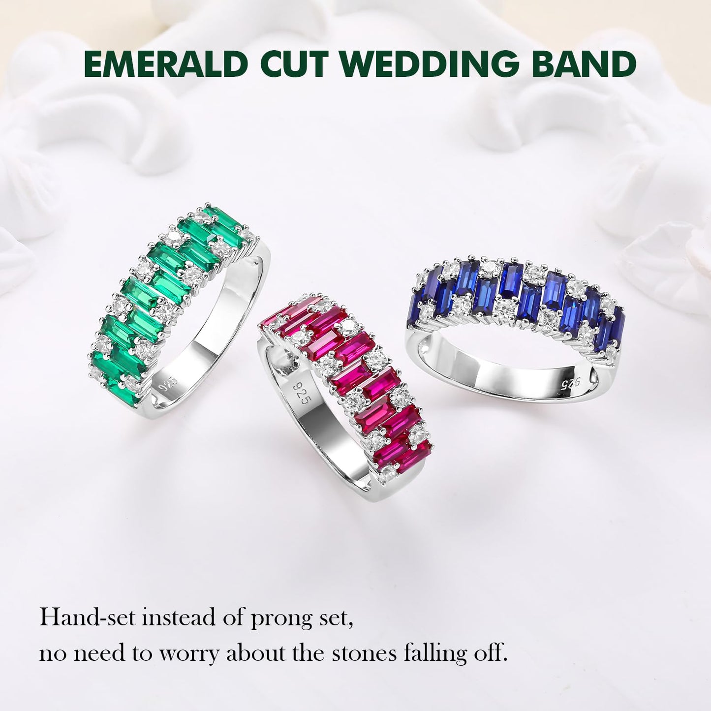 RANDES Emerald Rings for Women Engagement Eternity Band 7mm Emerald Cut Green Stone Ring for Wedding Anniversary Size 6
