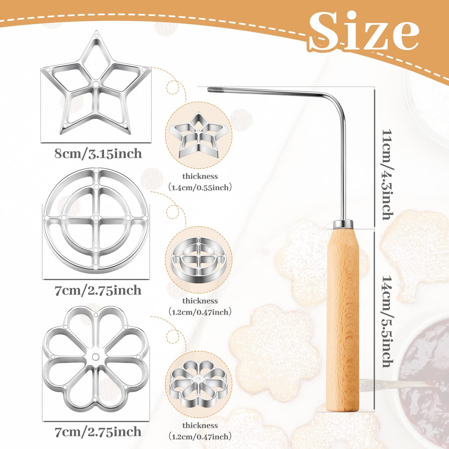 Achappam Mold Bunuelos Mold with Handle Rosette Maker Rosette Cookie Bunuelos Tool Aluminium Cast Waffle Molds Set with 3 Interchangeable Heads Star Flower Circle for Kitchen Baking Cooking Housewares