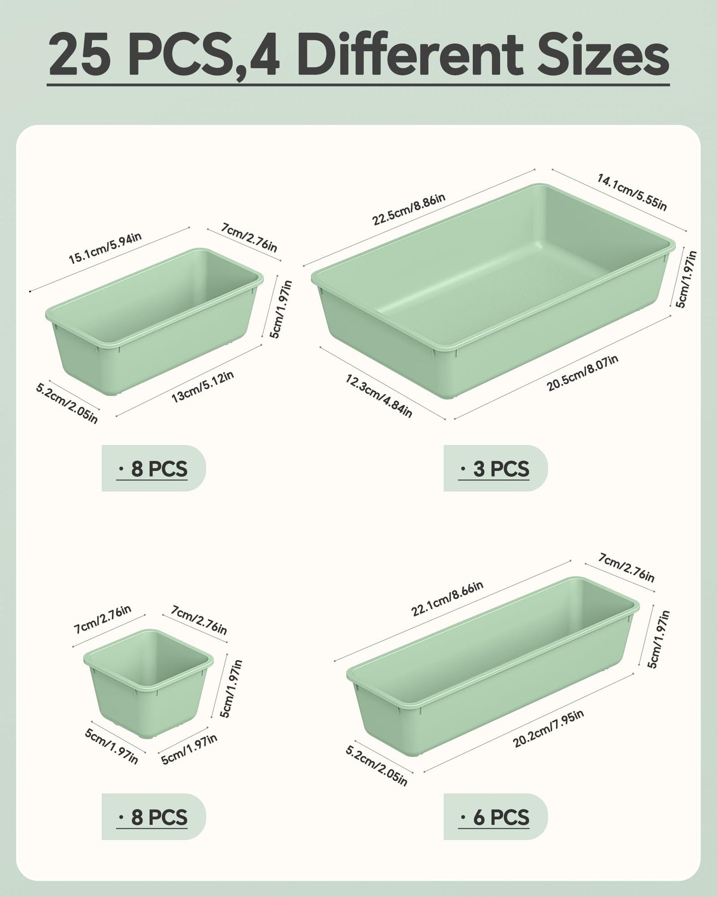 KEMETHY 25 PCS Plastic Drawer Organizers Set, 4 Sizes Vanity Organizer, Makeup and Desk Drawer Organizer Trays, Organization and Storage for Makeup, Bathroom, Kitchen Utensils and Office (Green)