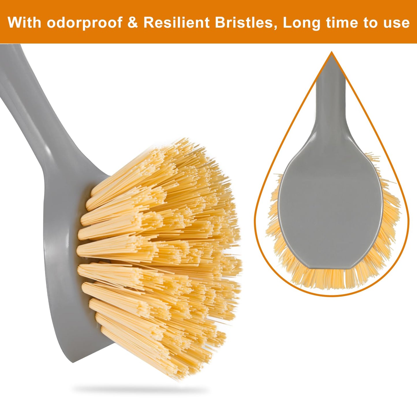 2 Pack Dish Brushes with Bamboo Handle, Kitchen Dish Scrubber Built-in Scraper, Scrub Brush for Pans, Pots, Counter & Kitchen Sink Cleaning, Dishwashing and Cleaning, Perfect Cleaning Tools, Gray