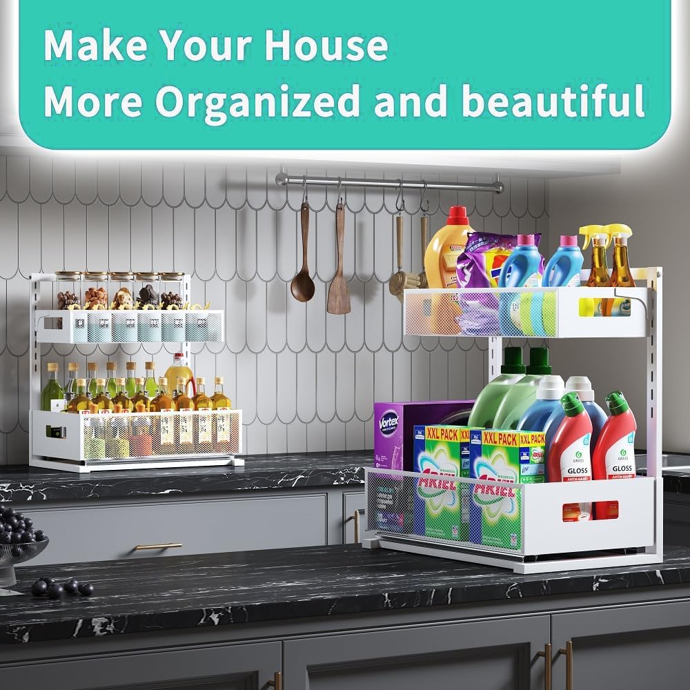 Petiza Under Sink Organizer Adjustable Height 2 Tier Bathroom Organizer Pull Out Cabinet Organer kitchen organizers and storage fridge organizers and storage,White,XL-1 Pack