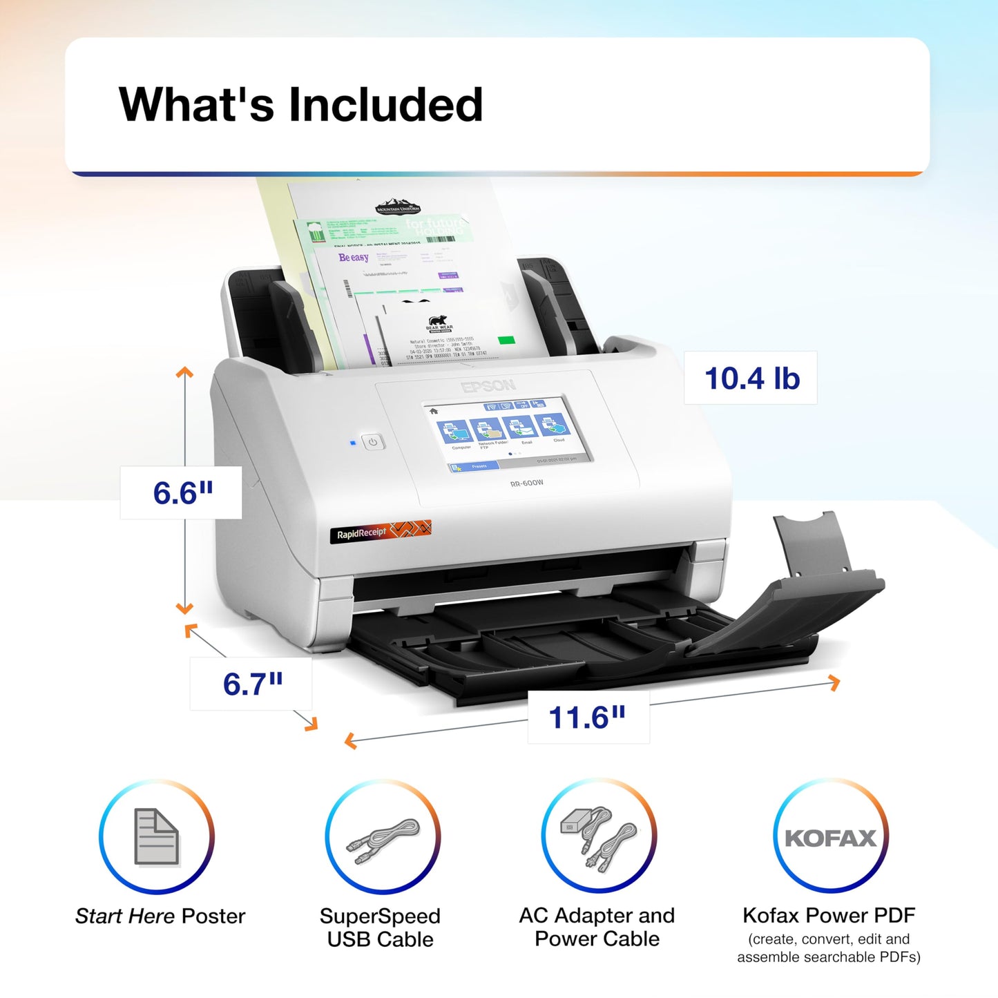 Epson RapidReceipt RR-600W Wireless Desktop Color 2-Sided Document & Tax Receipt Scanner with ScanSmart AI PRO Data Management Software for PC & Mac Touchscreen & 100-Page Auto Document Feeder