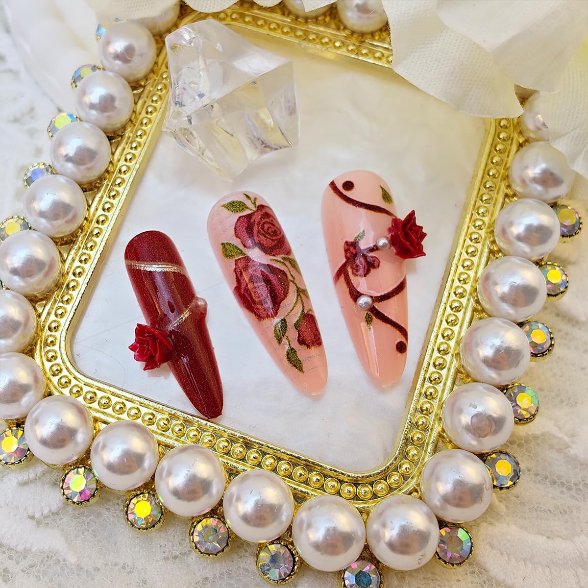 30Pcs Rose Flower Press on Nails Long Stiletto Fake Nails with 3D Pearls Rose Design Spring False Nails Silver Butterfly Glue on Nails Red Almond Acrylic Nails Floral Artificial Nails Decor for Women