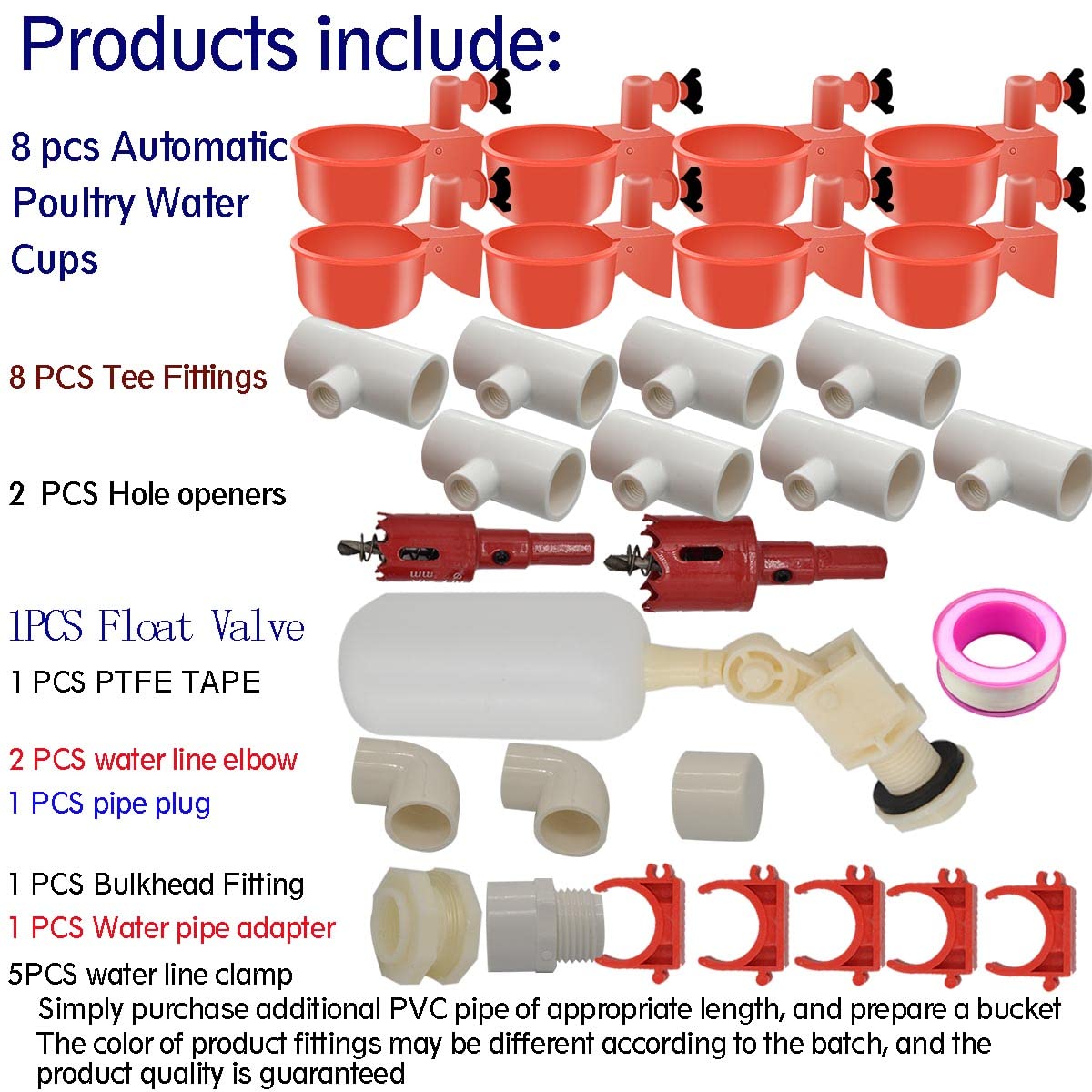 Complete Set Pipeline Automatic Chicken Nipple Waterer Cups and 1/2" PVC Tee Fittings Pipe Feeder Poultry Waterer Chicken Waterer pourtly Water Cup Durck Watering System