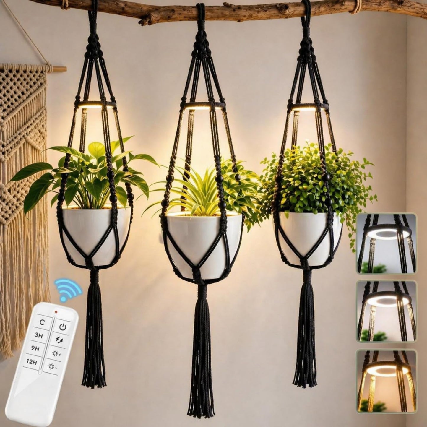 Huquary 3 Pack Macrame Plant Hanger with Grow Light Hanging Boho Planter Basket Flower Holder and Hanging Remote Grow Lights for Indoor Plants Suitable for Different Size Pots(Black)