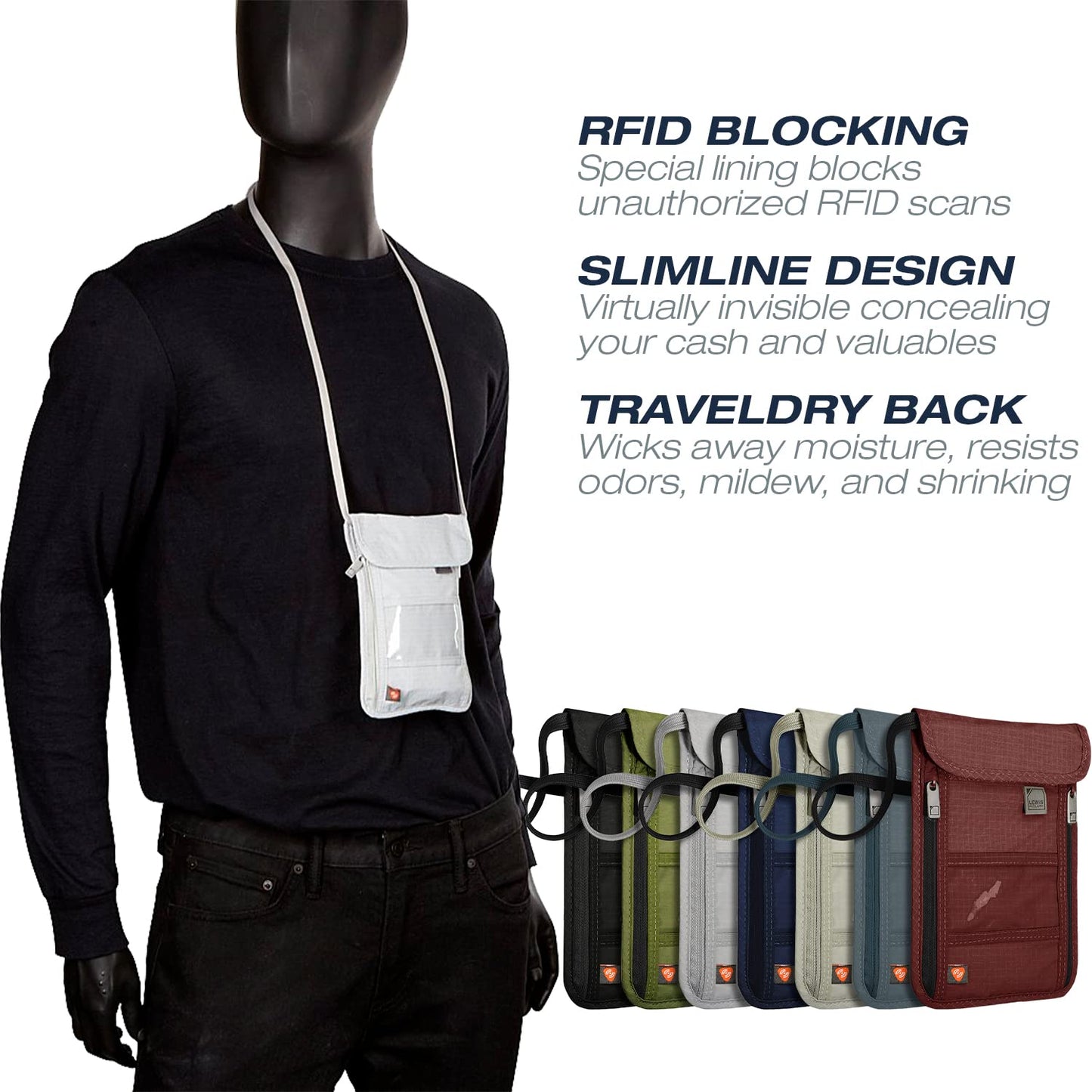 Lewis N. Clark RFID Blocking Stash Neck Wallet, Travel Pouch + Passport Holder for Women & Men, Taupe