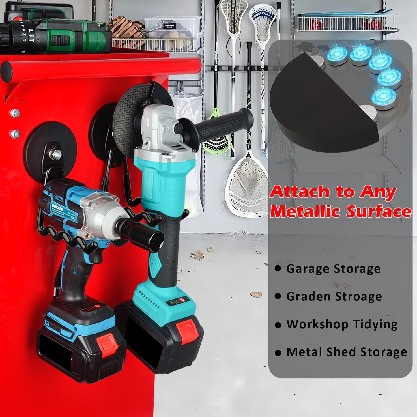 MUTUACTOR Super Power Magnetic Hooks Heavy Duty,2packs Strong Large Magnetic Hooks for Power Tools Organization Heavy Duty Hooks for Cordless Drills Impact Drivers Power Spanners Metal Tool Chest