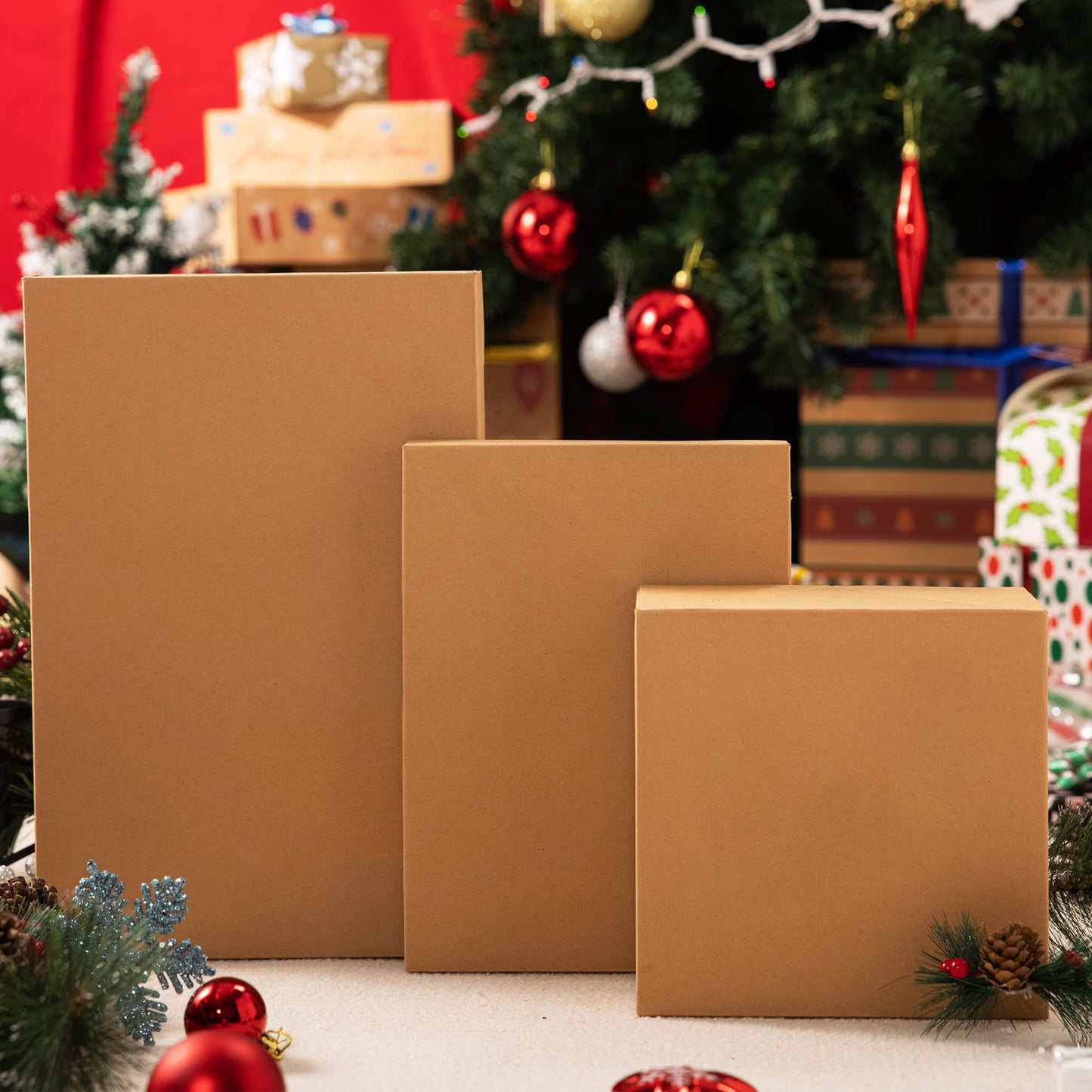 JOYIN 12PCS Christmas Brown Gift Boxes with Lids for Presents, 4" Deep Large Shirt Robe Wrapping Box, 4 Different Sizes Holiday Festive Lingerie Cupcake DIY Kraft Cardboard Boxes