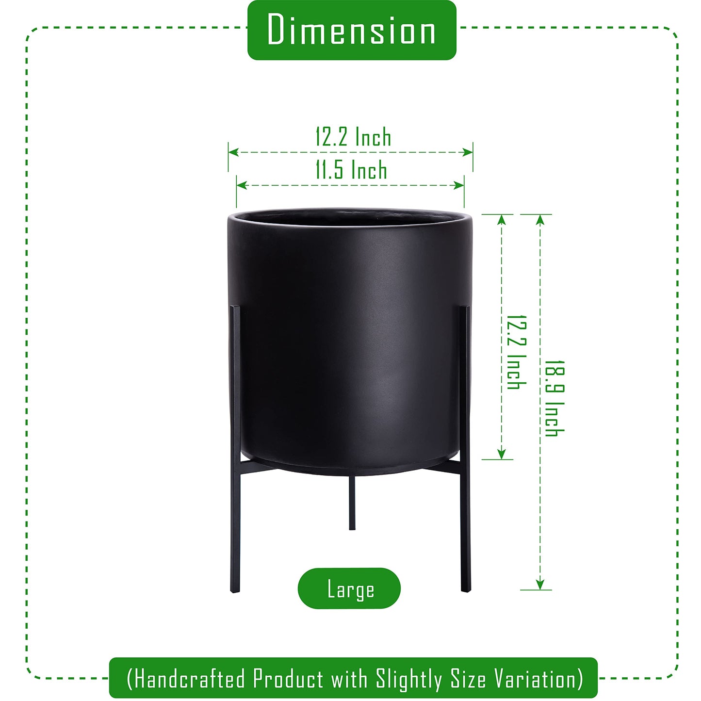 D'vine Dev Modern Black Plants Pot Cylinder Planter with Heavy Duty Stand, Large 12 Inch Pot, 17.6 Inch with Stand Height, 96-T-B-3