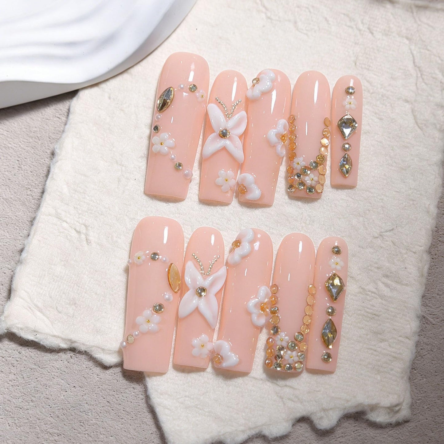 10 Pcs Extra Long Handmade Press on Nails Square Fake Nails with 3D Flowers Rhinestones Charms Curve Design Pink Acrylic False Nails Long Press Ons Nails for Women Wedding Party Manicure - M Size