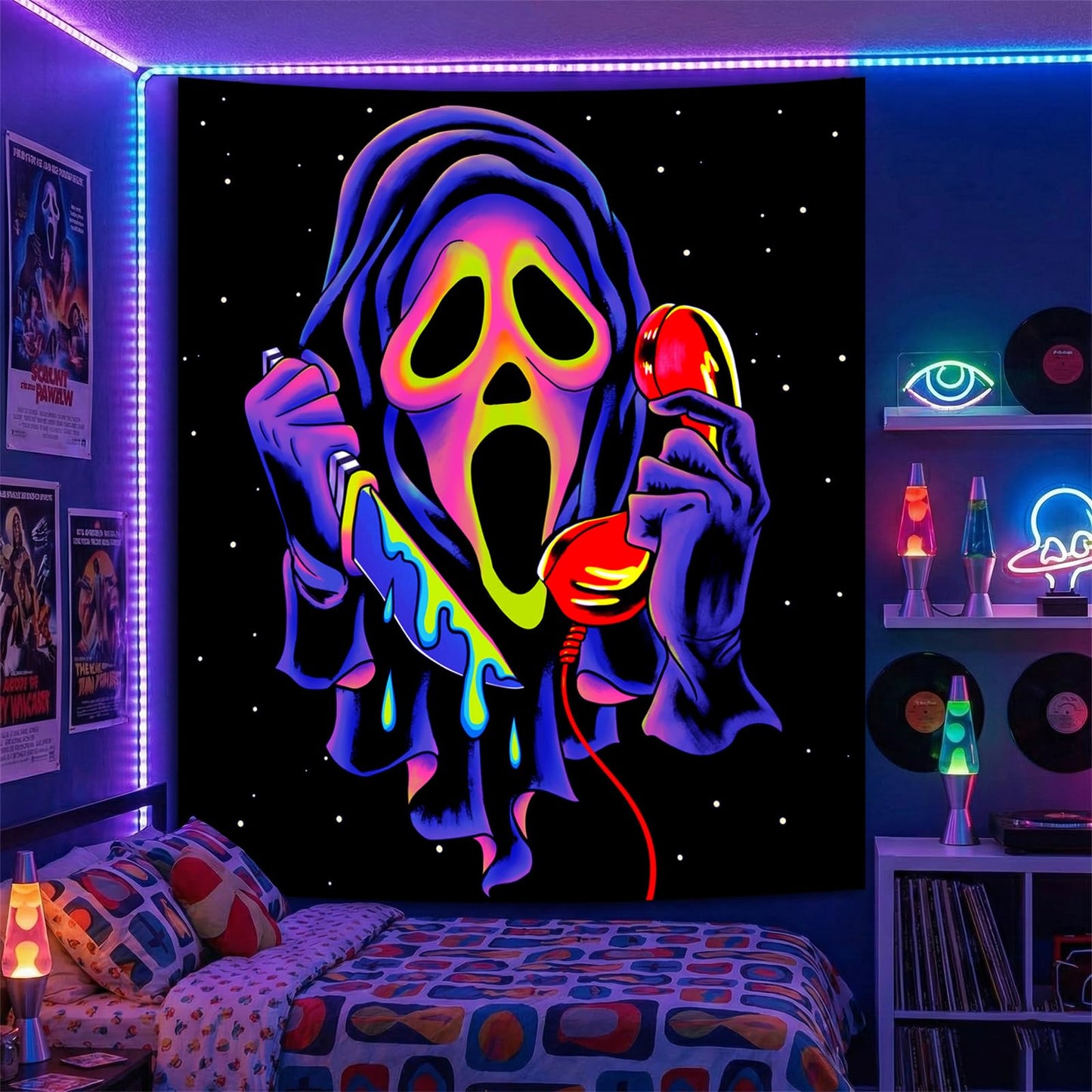 SparkLia Blacklight Horror Skull Tapestry, UV Reactive Neon Scary Face Wall Hanging, Glow in the Dark Spooky Decor for Bedroom, Gaming Room Party Decor - 51" x 59"