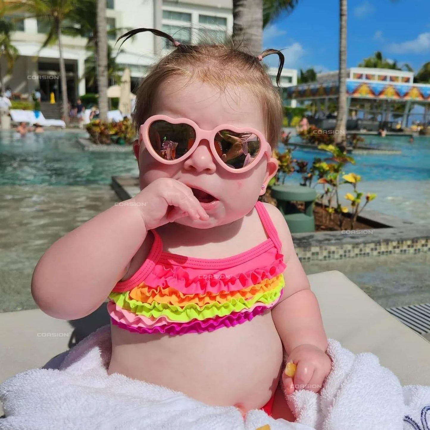 COASION Baby's First Sunglasses with Strap, 3 Pack Unbreakable Polarized Newborn Infant Heart Sunglasses for Ages 0-24 Months (White/Purple Mirror+Pink/Pink Mirror+Purple/Purple Mirror)