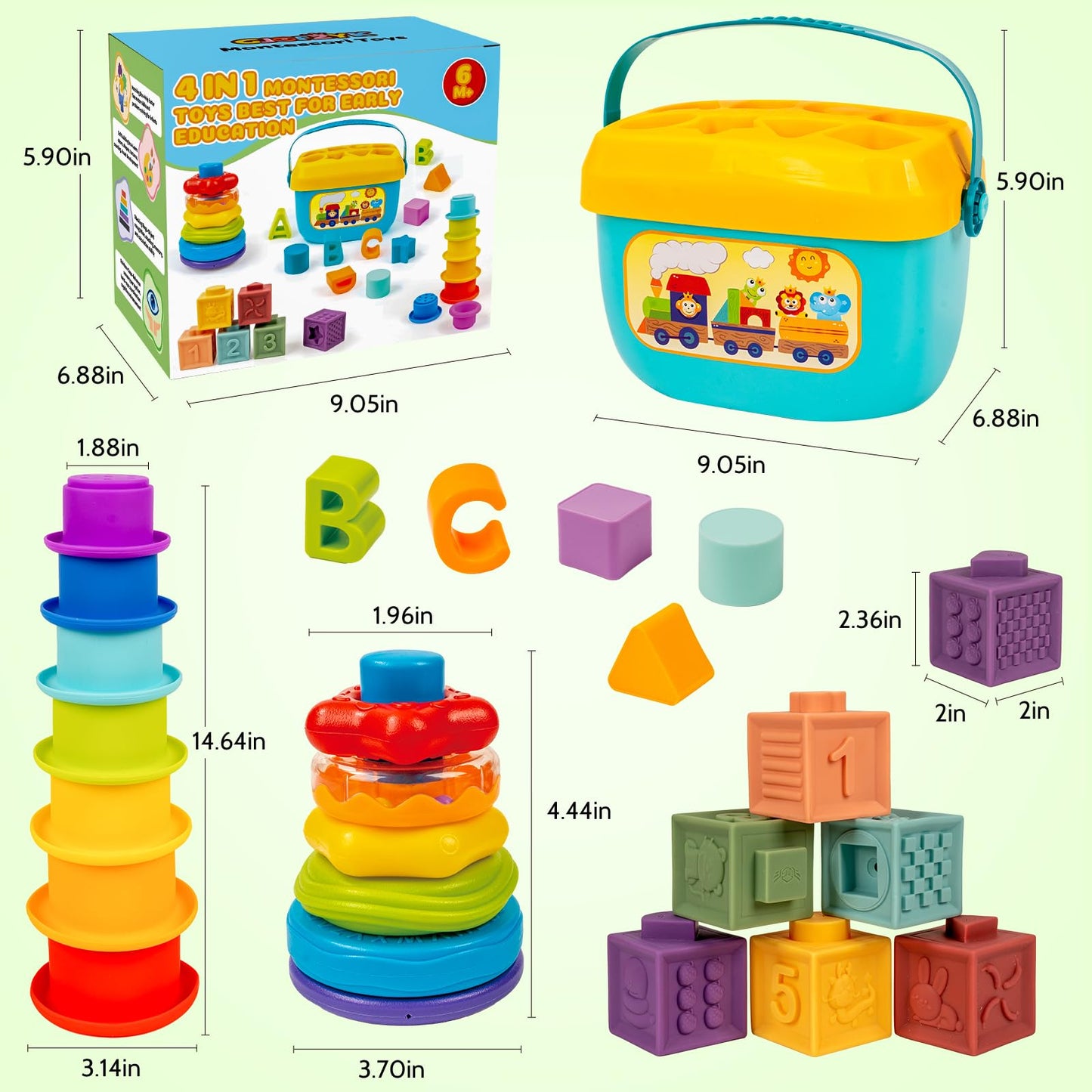 GJOF2YK Montessori Baby Toys for Ages 6–18 Months with Sensory Shape Sorter Matching Game Toy Stacking Ring Soft Building Blocks Developmental Learning Toys for Toddlers 1+ Year Old