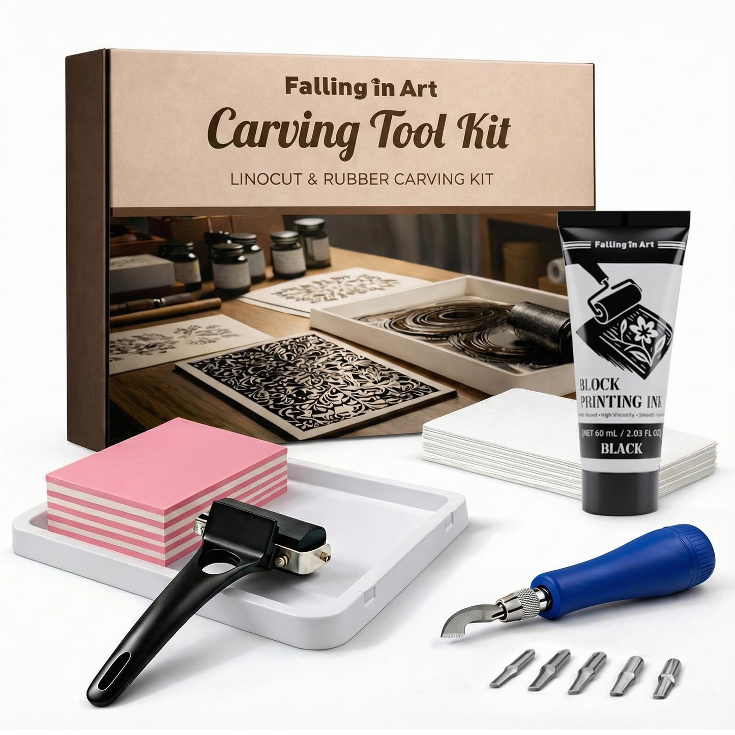 Falling in Art Linocut Kit for Printmaking, Rubber Block Stamp Printing Kit with Linoleum Blocks, Ink Paint and Brayer, DIY Carving Gift for Beginners and Artists