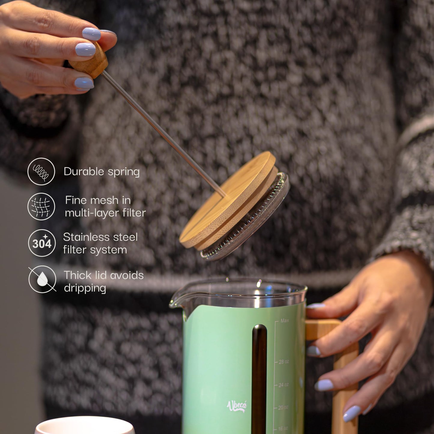 Ubeca French Press 34 oz Coffee Maker | Mint Green | Thick Borosilicate Glass | Bamboo Handle 2-Layer | Stainless Filter and cover | Easy Clean Eco-Friendly Gift ready Set