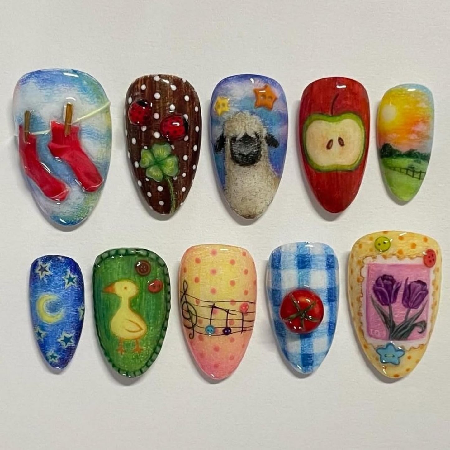 Press on Nails Medium Almond SWEKKE Fake Nails False Nails with Colored Pencil Drawing Designs Flower Duck Moon Glossy Glue on Nail Full Cover Acrylic Nail for Women Girls 24Pcs