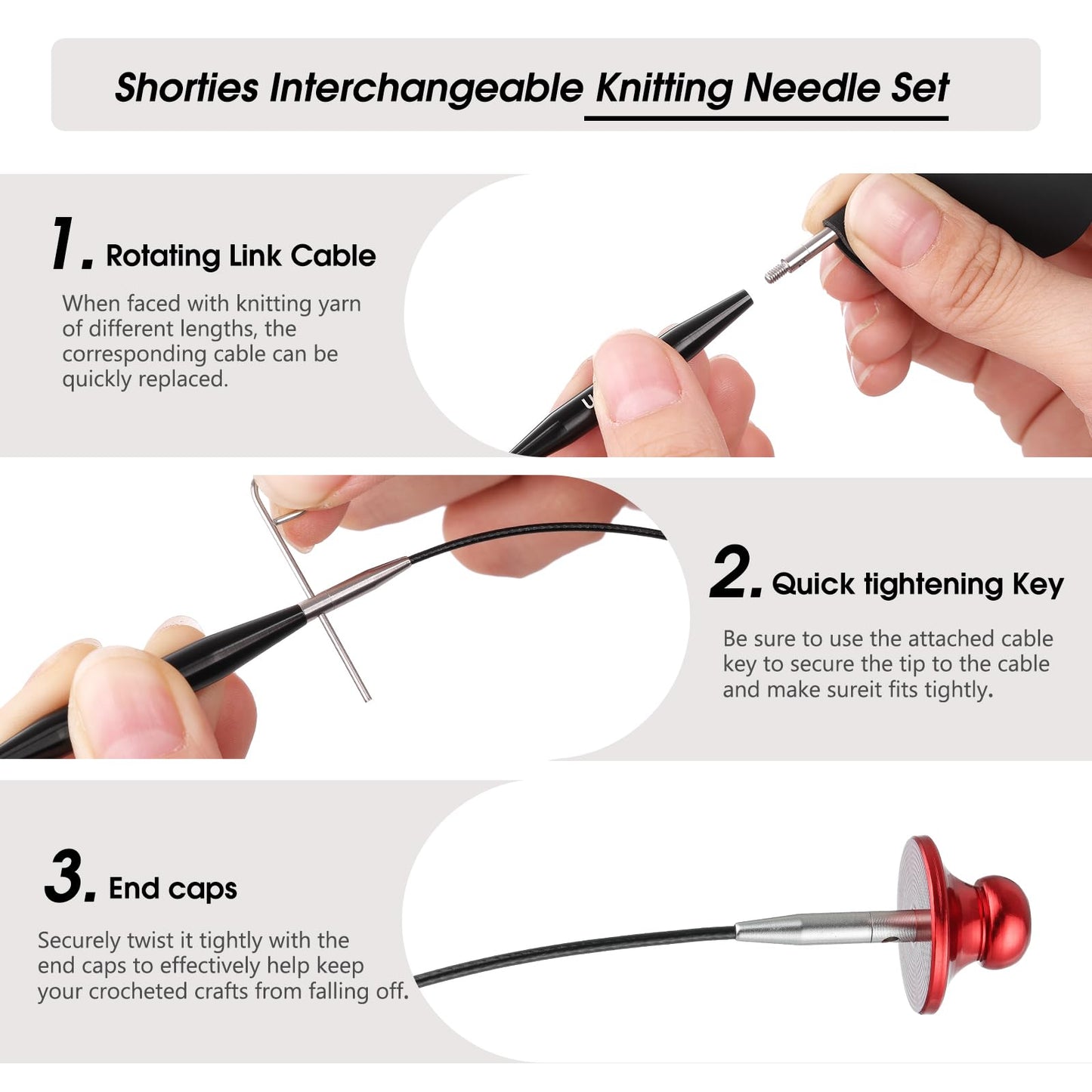 Guclud Interchangeable Circular Knitting Needle Set, 2-Inch Shorties Knitting Needles for Short Sock Knitting, Sizes US 2.5, 3, 4, 5, 6, 7, 8, 9, 10 with Small Cables, Accessories and Case, 9-Pairs