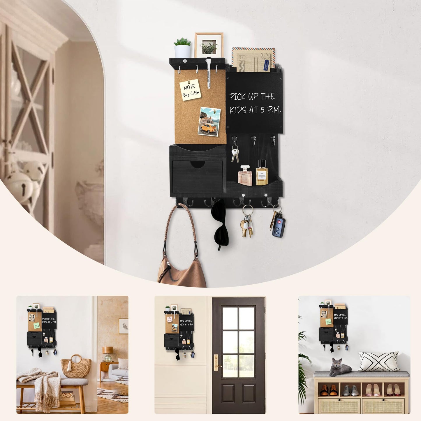 HEKOOLA Key Holder Wall Mount, Mail Organizer Key Holder for Wall with Shelf, Drawer, Chalkboard, Corkboard, Home Decor Mounted for Room Entryway (Black)