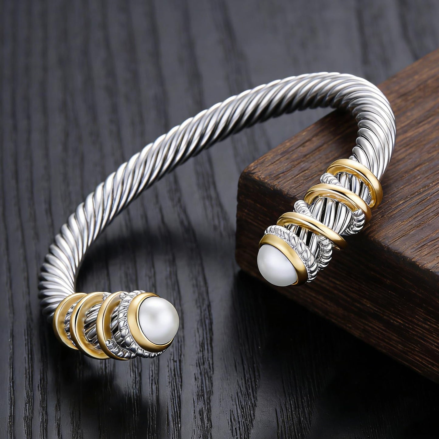 Twisted Cable Open Cuff Bangle Bracelets for Women, Gold Plated Jewelry with Composite Shell Pearl, Adjustable Stainless Steel Bangle for Timeless Elegance