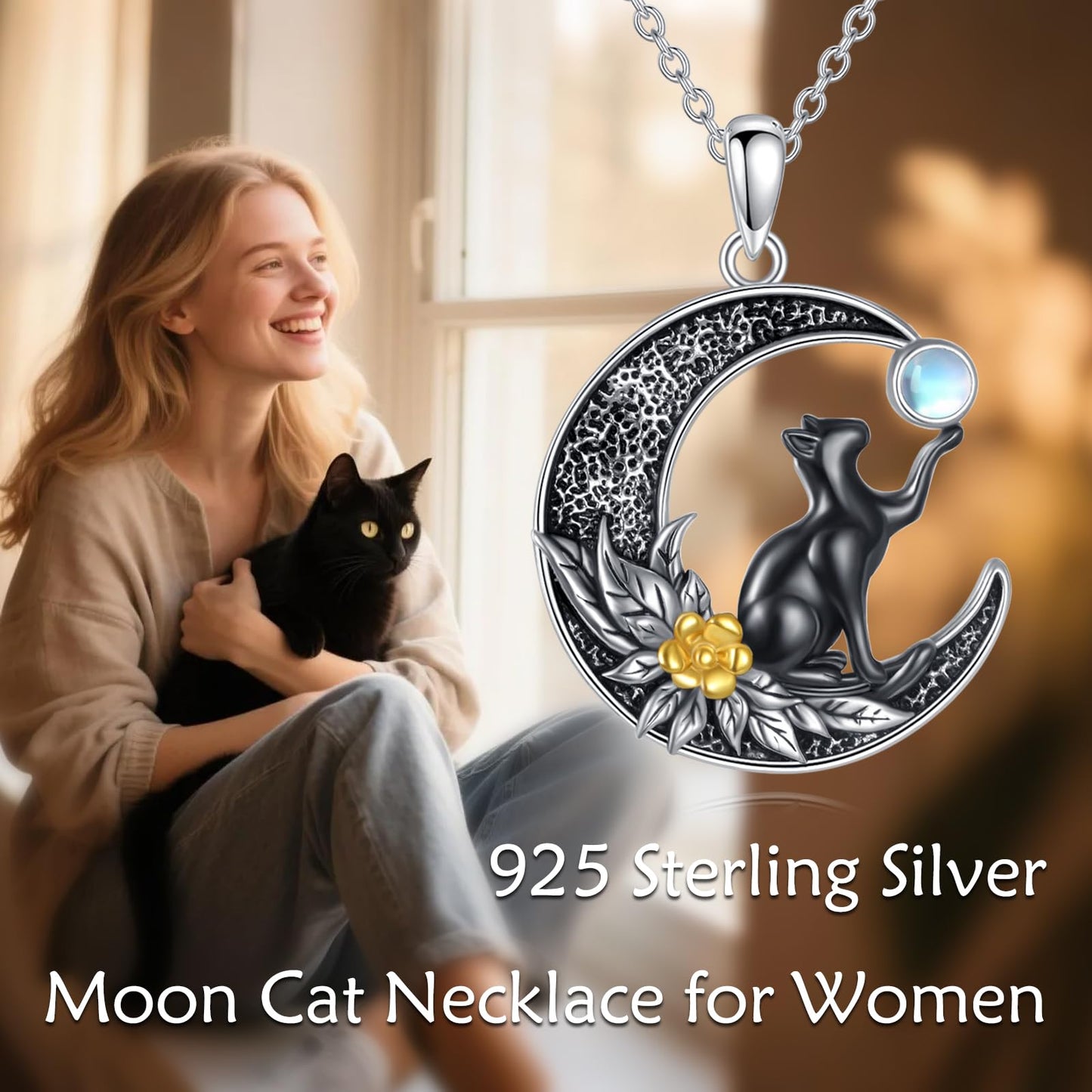Vadmans Black Cat Necklace Sterling Silver Moon Pendant Cute Animals Jewelry Gifts for Women Cat Lover