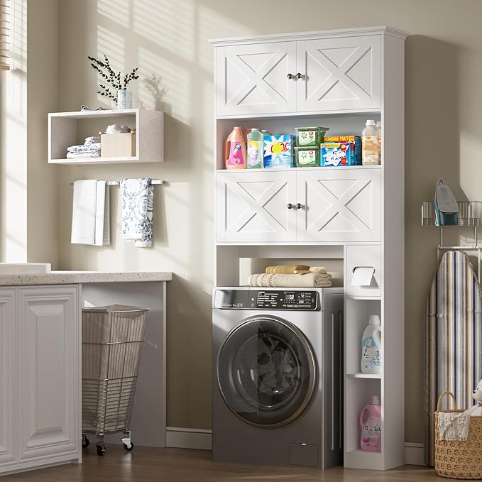 Over The Toilet Storage Cabinet, Farmhouse Storage Cabinet Over Toilet with 4 Barn Doors & Toilet Paper Holder Stand, White Toilet Shelf Home Space Saver for Restroom, Bathroom, Laundry