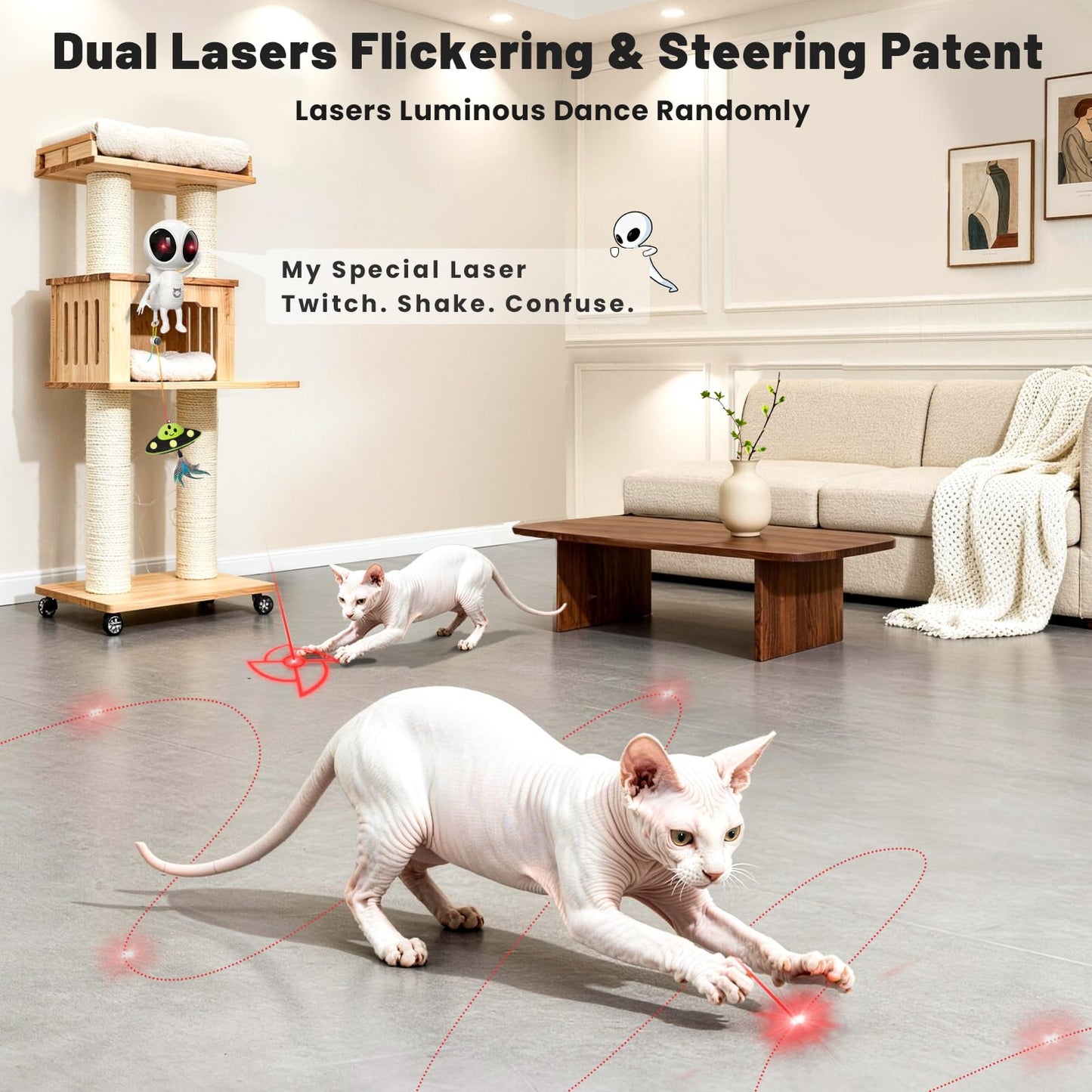 ORSDA Laser Cat Toys for Indoor Cats, 2 in 1 Interactive Automatic Dual Laser & Catnip UFO Dangler for Kitten Toys, Truly Random Trajectory Radar Motion-Activated, Rechargeable 4 Modes, Clamp Design