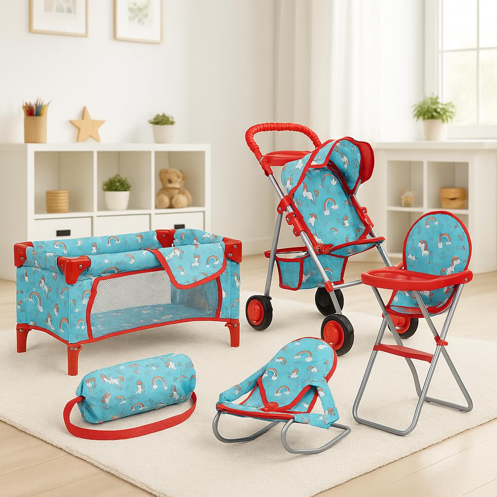 Fash n kolor® 4 Piece Doll Play Set, Doll Accessories Gift, Toy Set -Unicorn Design Includes, Doll Foldable Bed, Doll Stroller, Doll High Chair and Doll Seat, Dolls Gift Set (4 Piece Set)