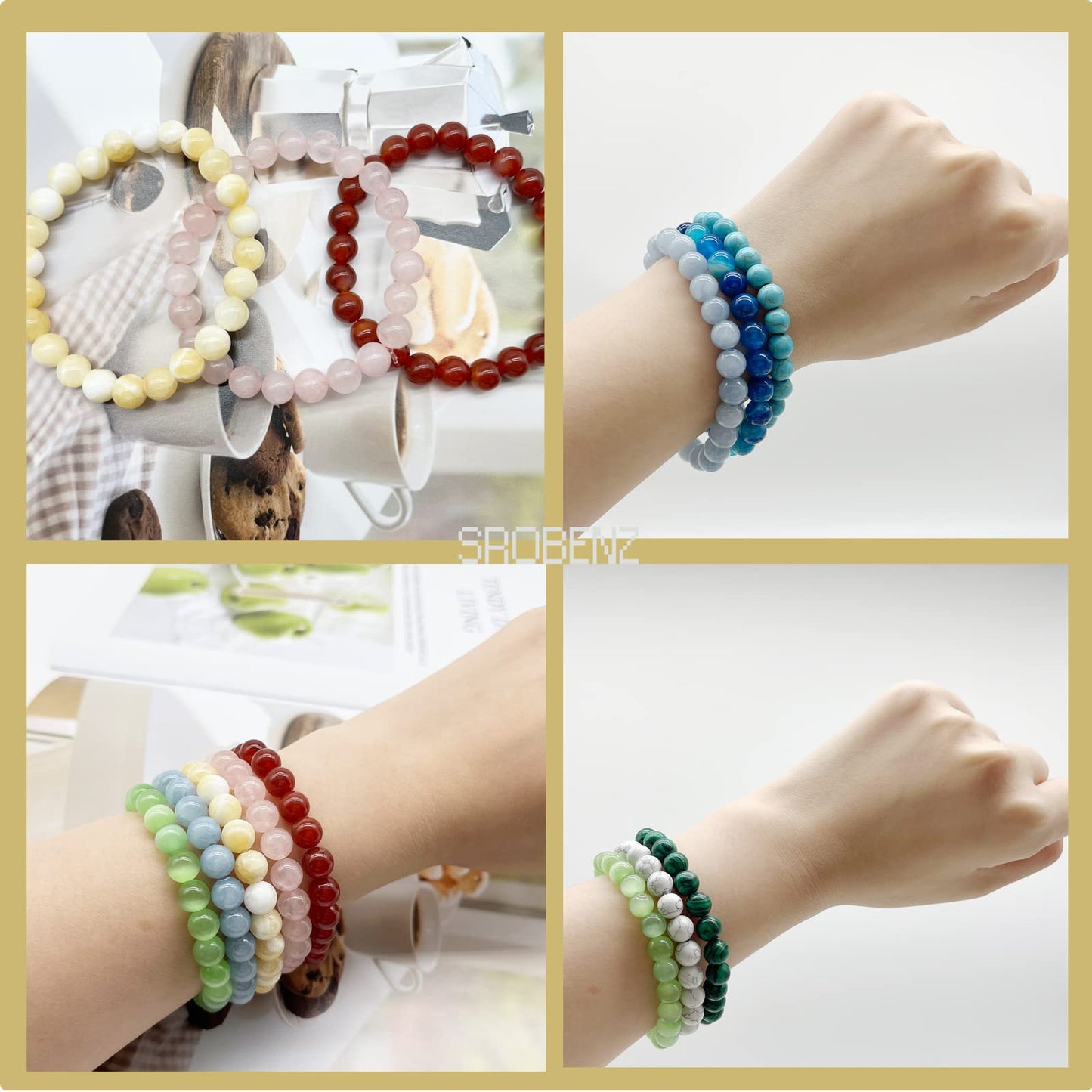 SROBENZ 12 PCS Gemstone 8mm Round Beaded Bracelet Set Healing Crystal Stone Stretch Bracelets for Women Men Round Beads Elastic Bracelets