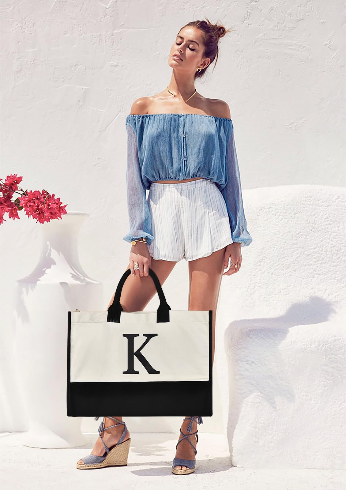 GASSDA Initial Canvas Tote Bag, Birthday Gifts For Women, Monogram Personalized Gifts For Women Mom Teachers Bridesmaids (K 3PCS)