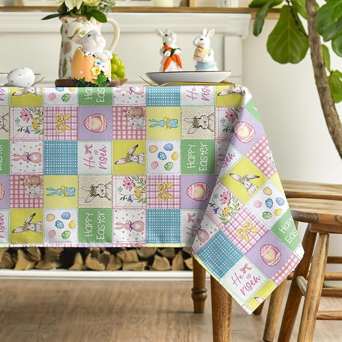 Horaldaily Easter Tablecloth 60×84 Inch Rectangular, Plaid Bunny Rabbits Easter Egg Anemone Bowknot Colorful Washable Seasonal Table Cover for Party Picnic Dinner Decor