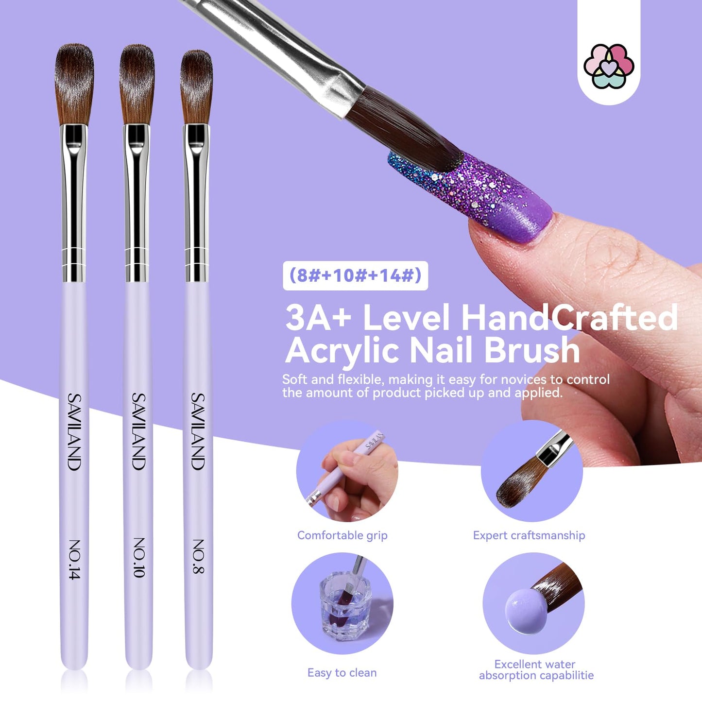 SAVILAND Acrylic Nail Tips with Acrylic Nail Brush: 10 Sizes Half Cover French Nails Tips Manicure Brush Size 8/10/14 for Acrylic Powder Nail Kit with Box Art At Home DIY