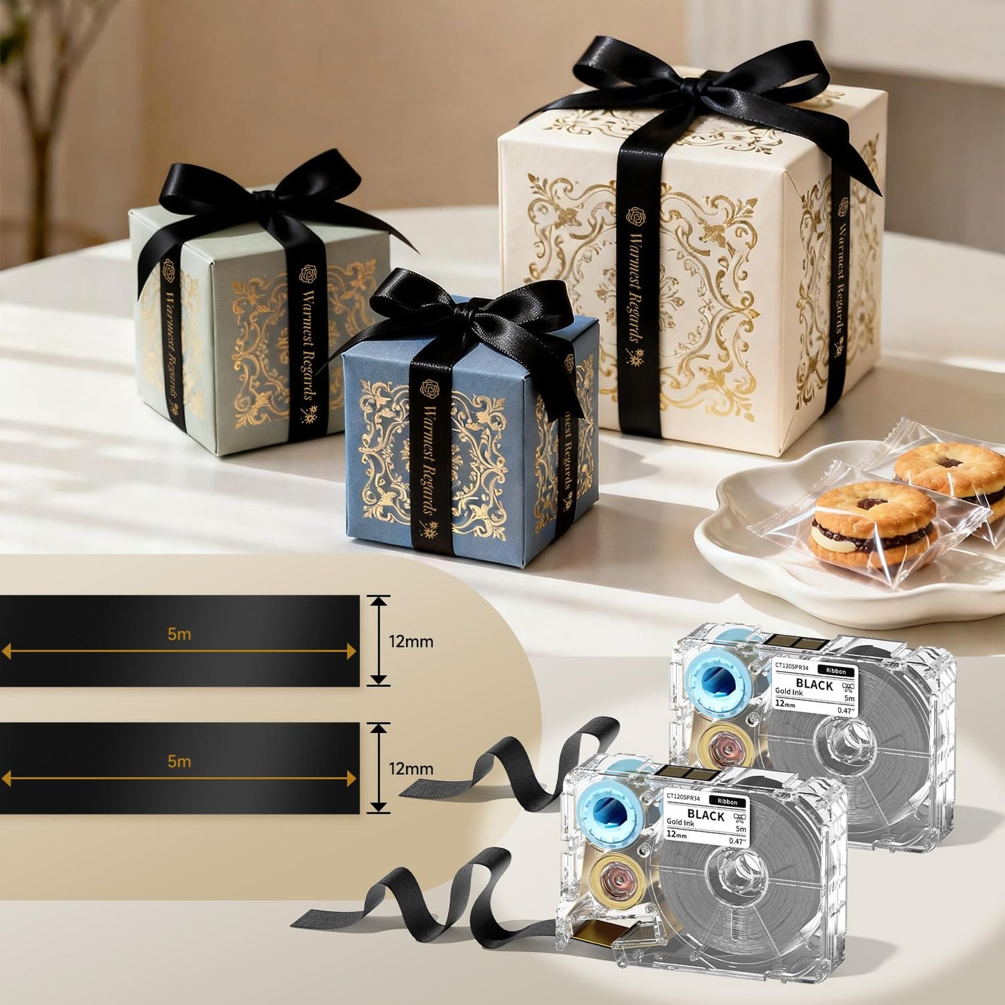 Phomemo A30 P15 Exclusive Embellish Gold Print on Black Satin Ribbon, Fabric Ribbons for Gift Wrapping, Wedding Bouquets, DIY Crafts, Valentine's Day, Party Decor, 12mm x 5m, 2 Packs