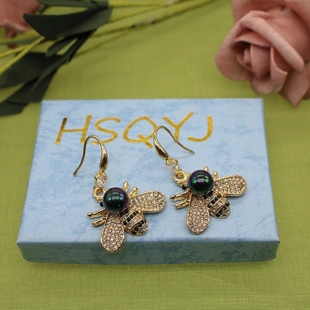 Honey Bee Drop Earrings Crystal Insect Themed Dangle Earring Animal Fashion Shell Pearl Hook Earring Gold Tone for Women Jewelry (Multicolored black pearl earring)