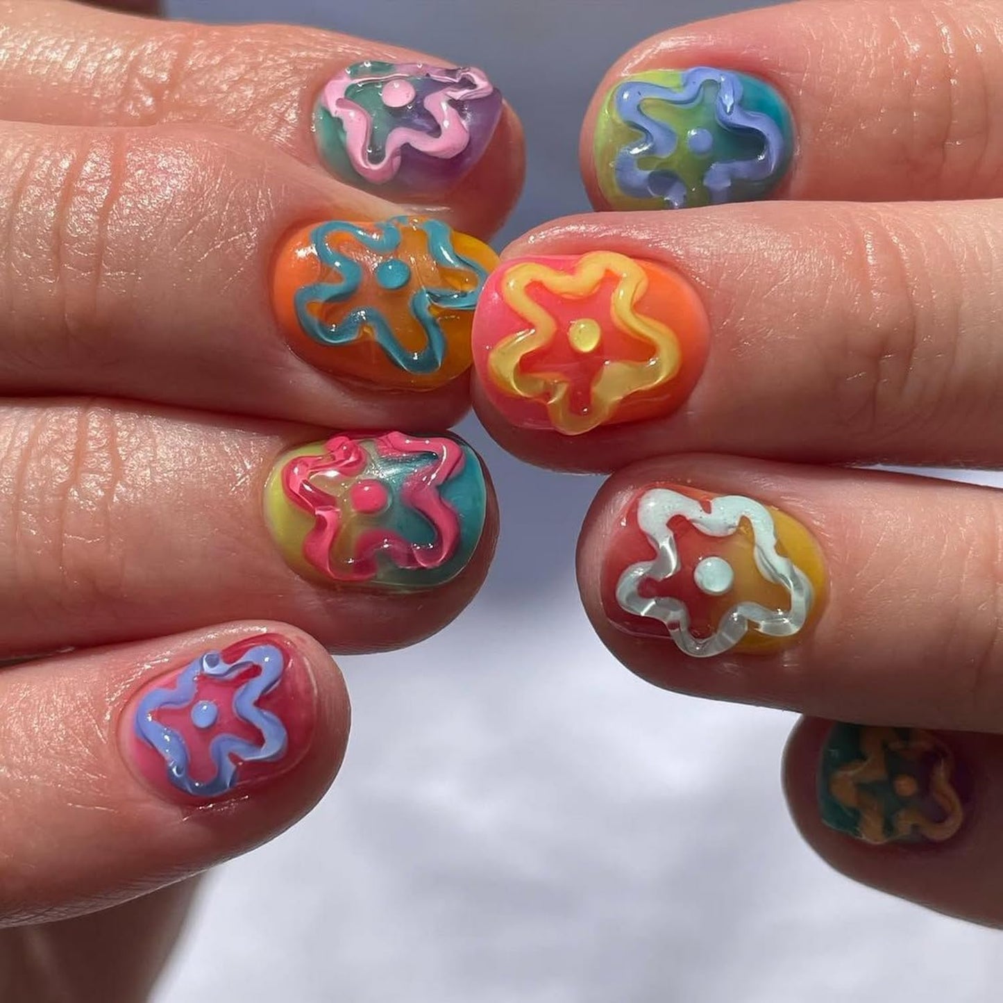 24pcs Short Square Press on Nail Summer Fake Nails Colorful with 3D Flower designs Stick on Nail Full Cover Cute False Nails Reusable Gradient Pride Press ones Glue on Nails for Women Beach