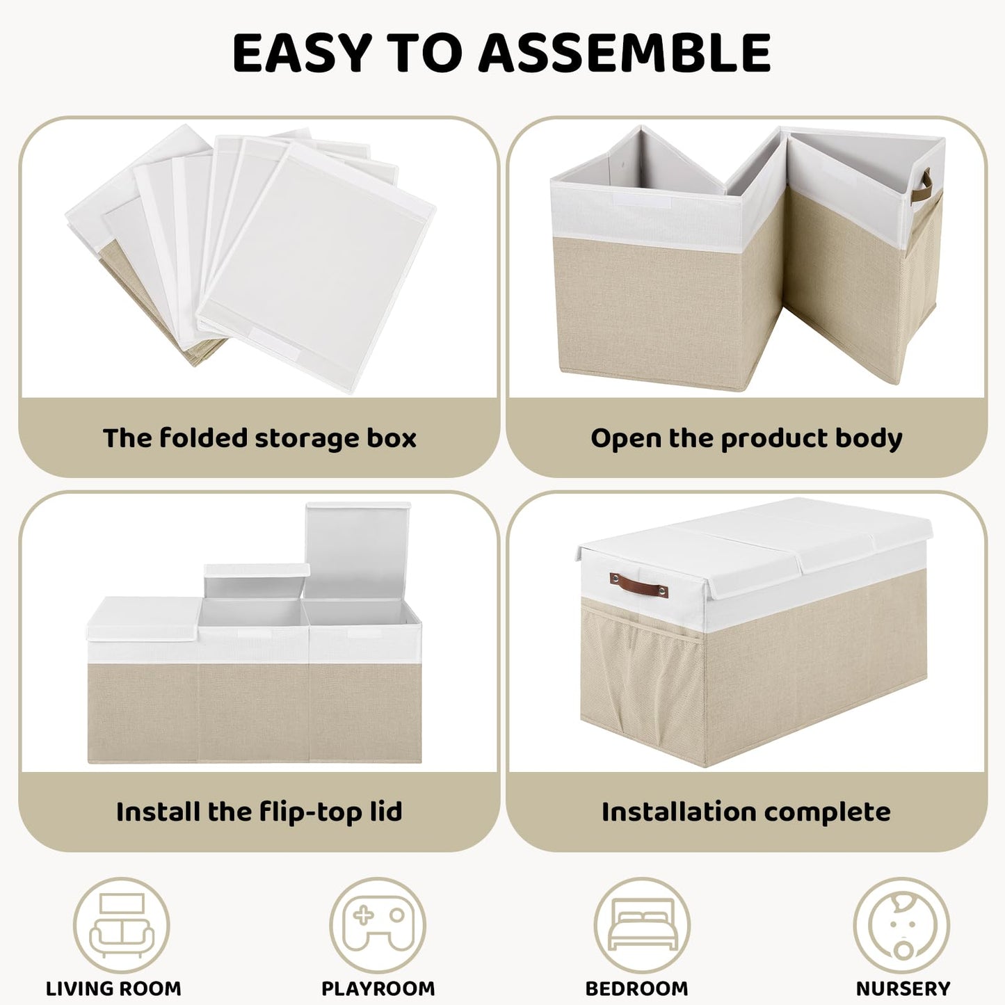 ISEMINGLA Extra Large Foldable Toy Chest with Lid,Collapsible Kids Toy Storage Box Organizer,Large Fabric Storage Bin for Nursery Playroom Bedroom Living Room,40”x18”x14”,White & Beige