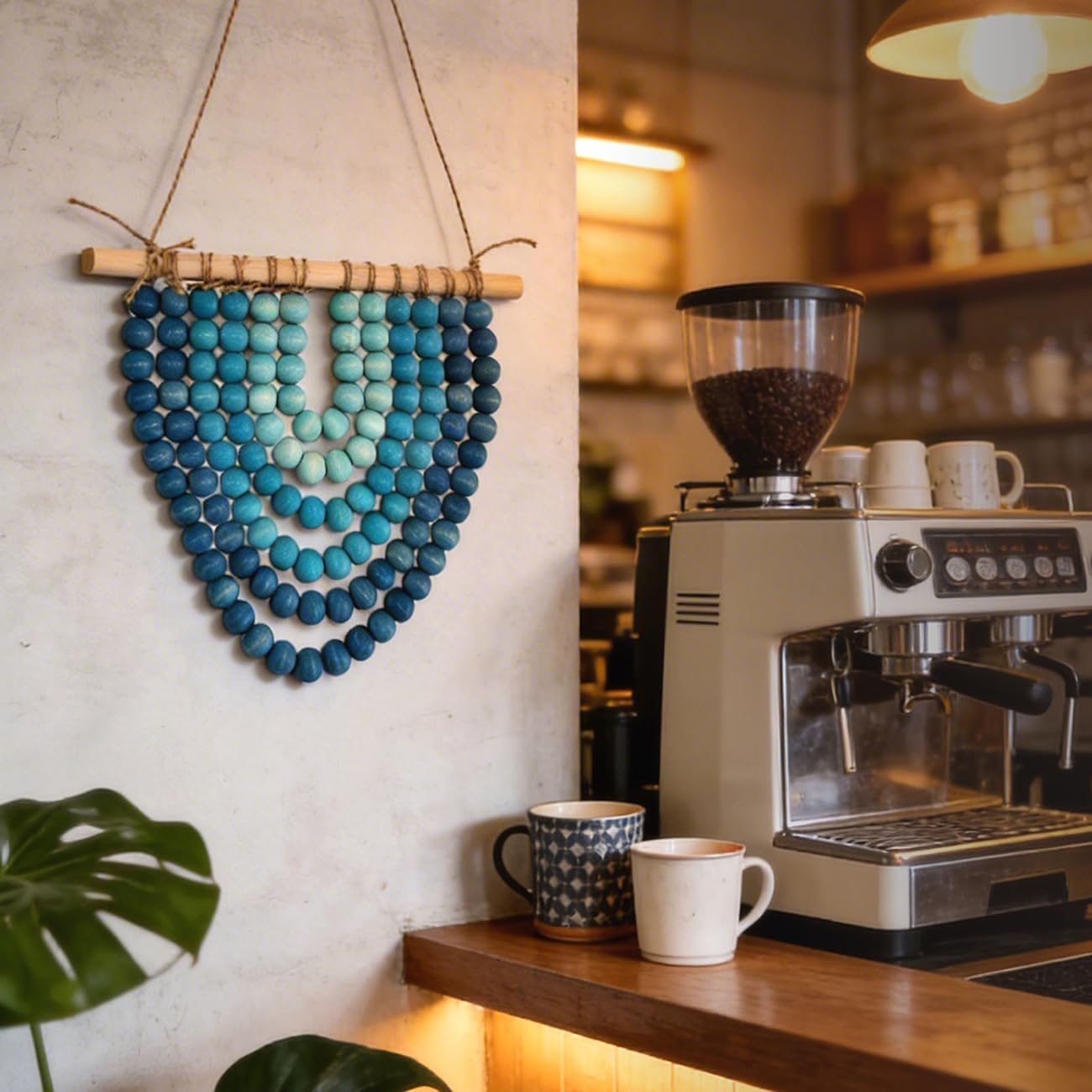 Boho Wooden Bead Garland Wall Hanging Tapestry Ombre Blue Gradient Handmade Wood Beaded Macrame Wall Art Natural Theme Wall Decor for Living Room Bedroom Nursery Dorm Coastal Home Office Decoration