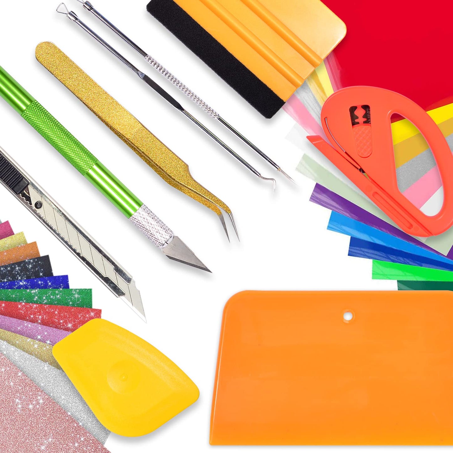 AHCHAY Craft Vinyl Weeding Tool Kit for Adhesive Contact Paper Application, with Vinyl Squeegee, Hobby Knife & Blades, Little Hard Scraper, Tweezer, Vinyl Safety Cutter, Weeder Hook