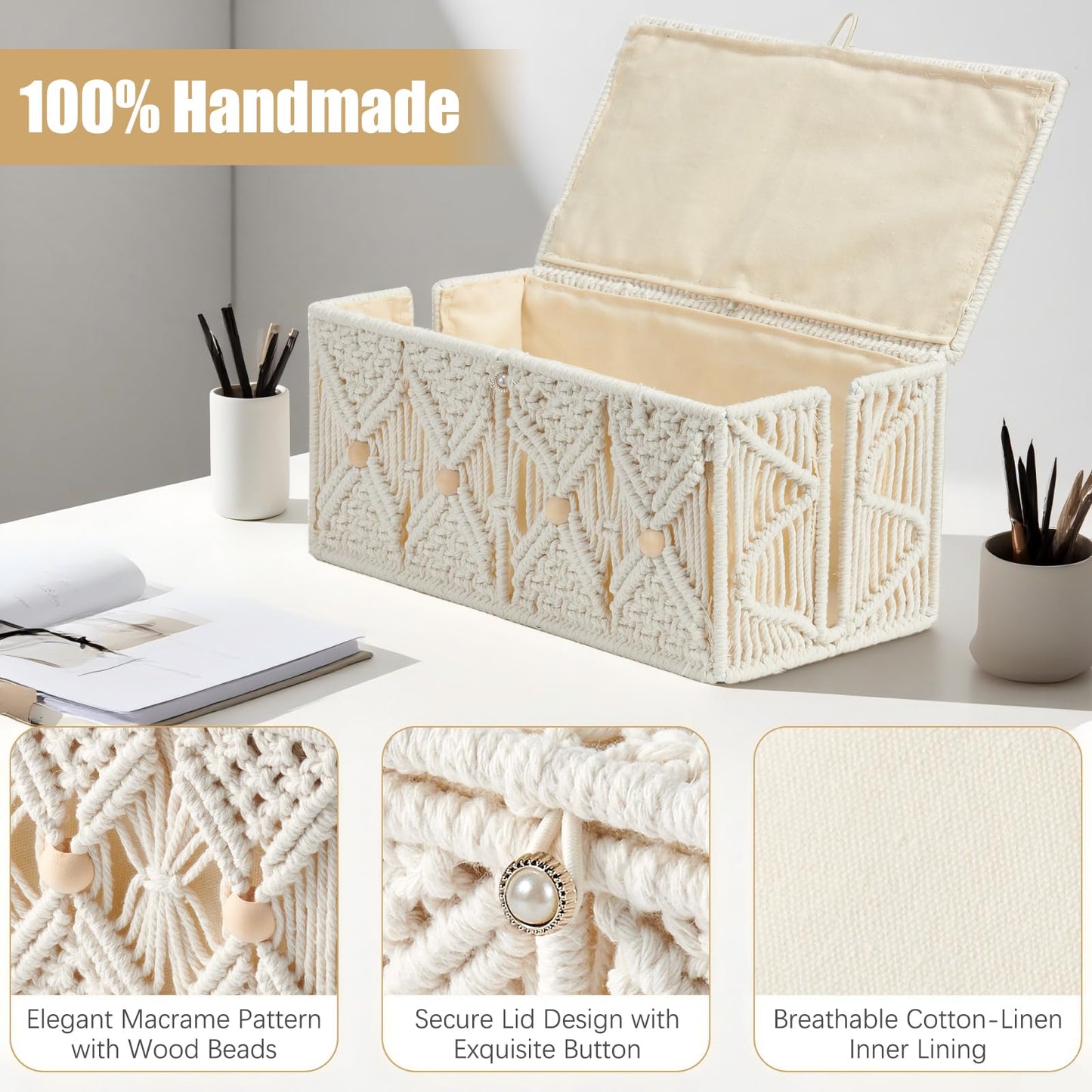 VinneGenzz Cable Management Box Handmade Macrame Cord Storage Organizer Power Strips Outlet Router Adapter TV Wire Hider Cover Under Desk Natural Cotton Rope Woven Boxes with Lid (Off White, Large)