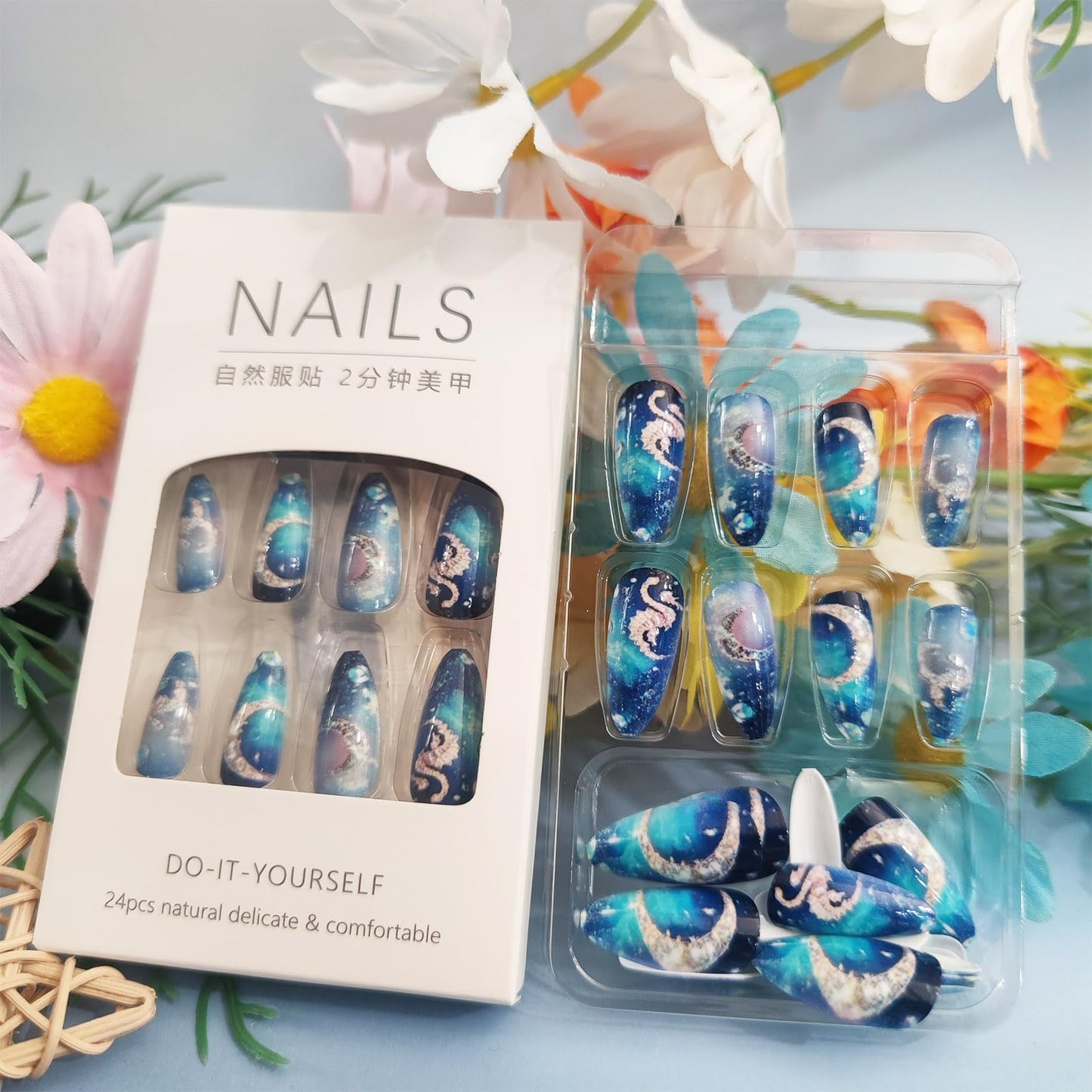 24Pcs Moon Press ons Fingernails Starry Sky Gel Glue on Acrylic Fake Nails Milky Way Press on Nails Glossy Blue Gradient Medium Almond False Nail Sea Horse Stick on Nail for Holiday Manicure Art