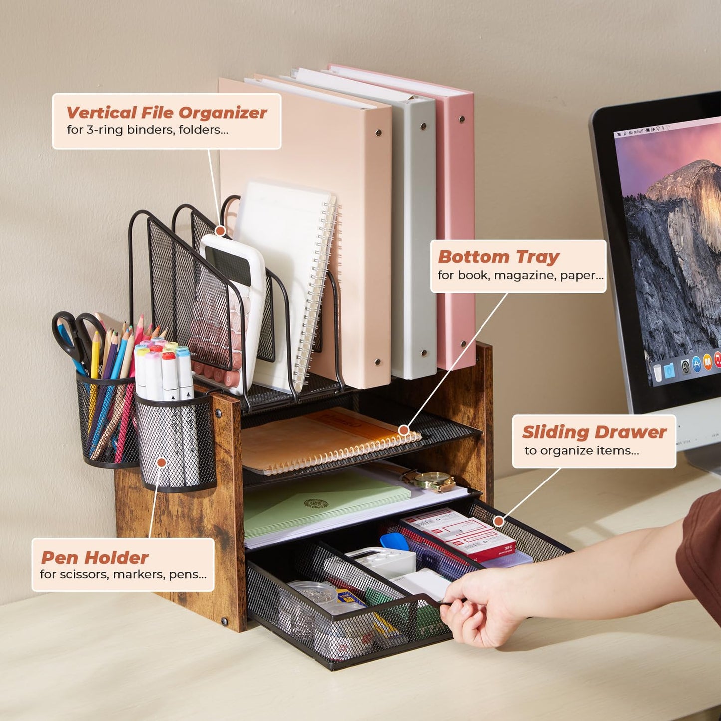 Beramon 4-Tier Desk Organizer with Drawer, Wooden Mesh File Organizer with 5 Vertical Sorters & 2 Pen Holders, Multi-Functional Desktop Organizer for Home, Office & School