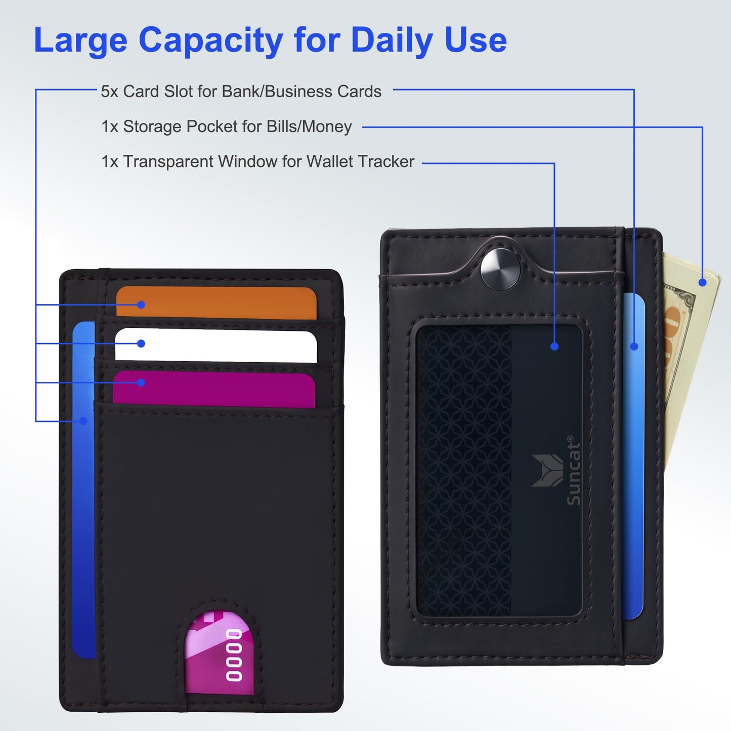 Suncat Wallet Tracker Card with Slim RFID Blocking Wallet, Apple MFi Certified (iOS Only), Waterproof Bluetooth Finder for Keys, Bags, Passport, Compatible with Apple Find My, Gifts for Men Women