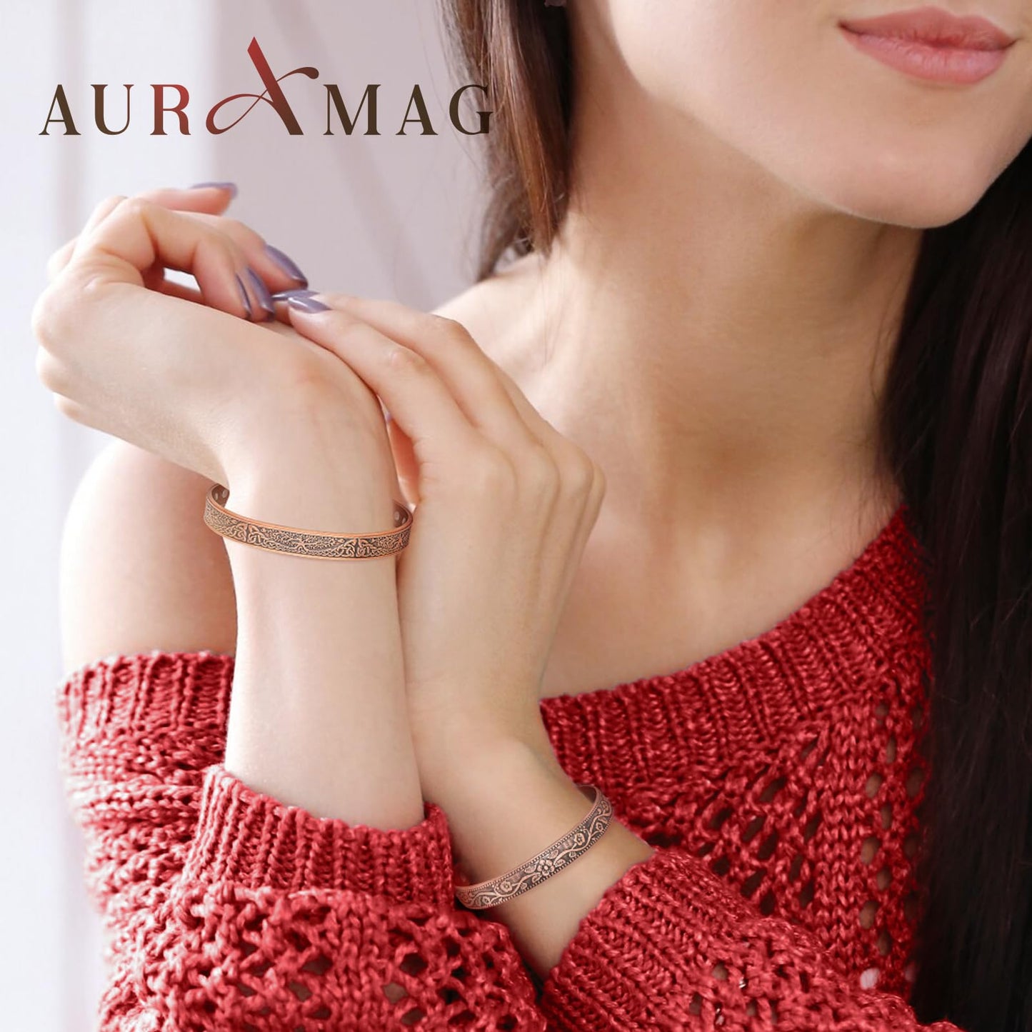 Auramag Copper Bangle for Women, Magnetic Cuff Bangle with 3500 Gauss Magnets, 100% Pure Copper Jewelry with Gift Box(Set of 2)