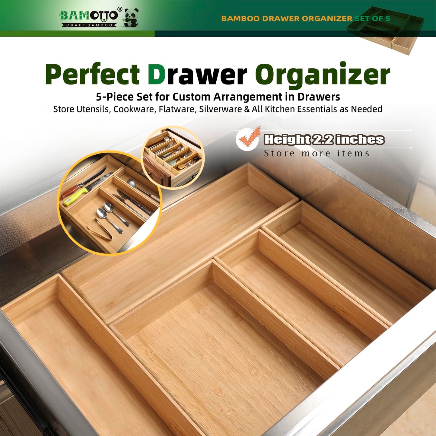 BAMOTTO CRAFTBAMBOO Stack Bamboo Drawer Organizer Set of 5, Kitchen Utensil, Flatware&Silverware Organizer-Wood Laminated Stackable for Kitchen, Bedroom, 13.4''x4.5''*2+10.2''x3.3''*2+10.2''x6.7''*1